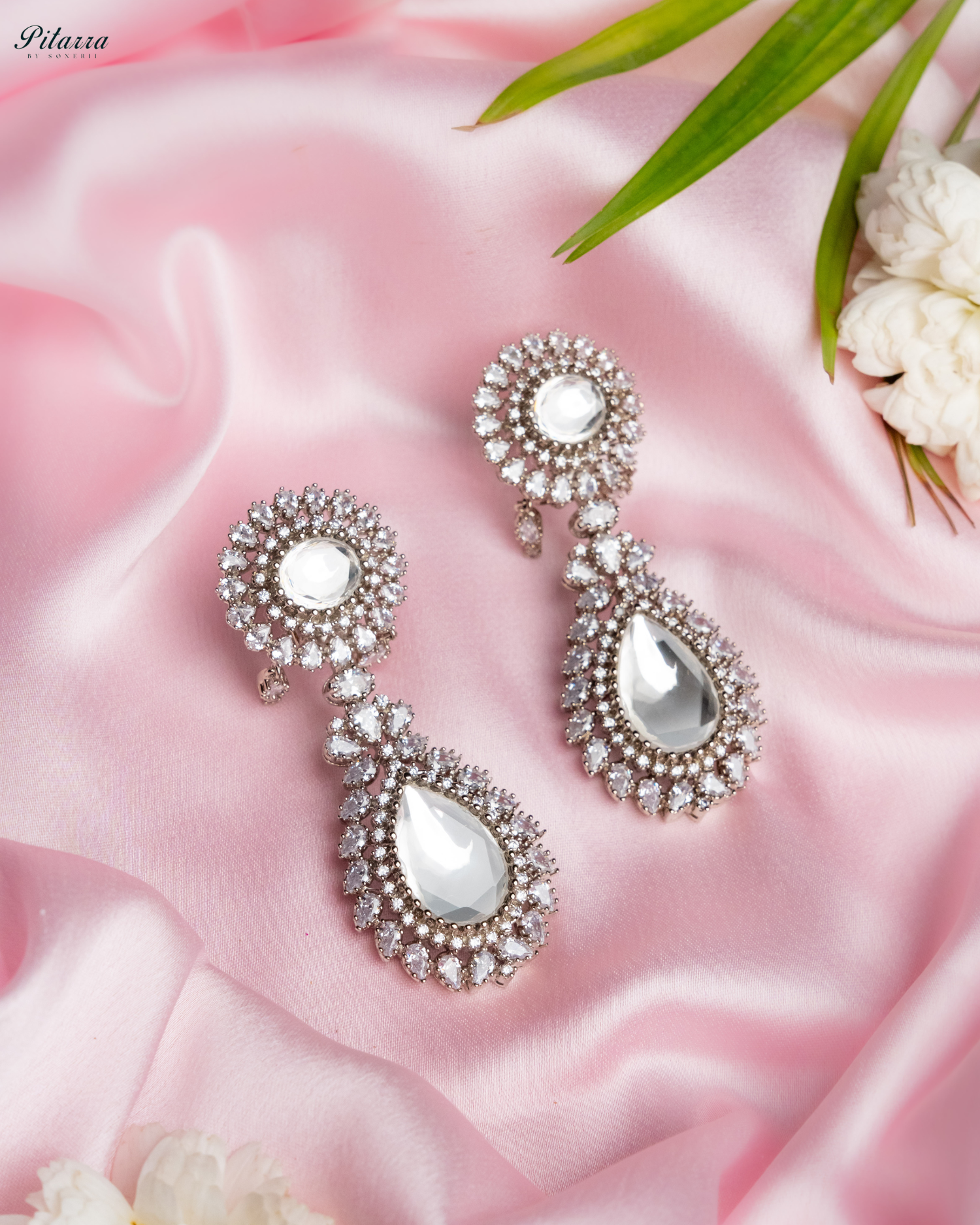 White Dangler Drop Polki Earrings Set_Main Image