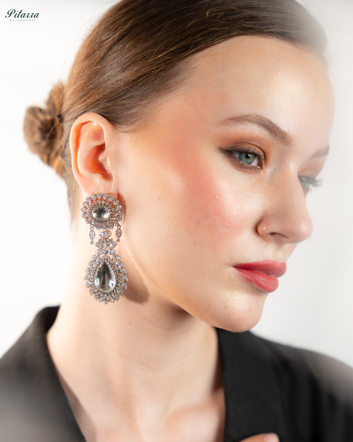 White Dangler Drop Polki Earrings Set_Right Look