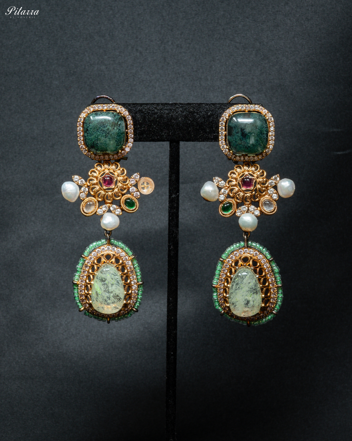 White Doublet with Navaratna Choker Set_Earrings