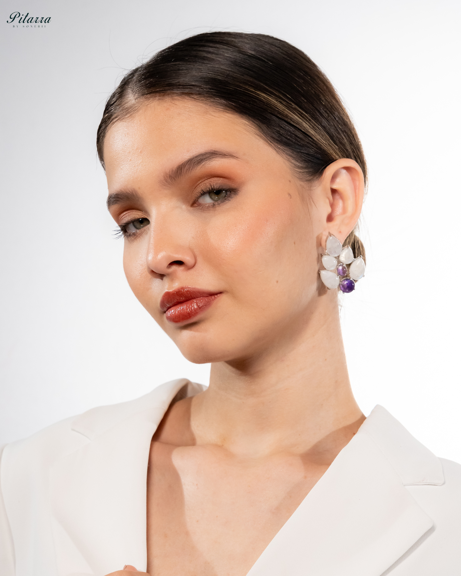 White Purple Ethnic Stud Earrings_Side Pose