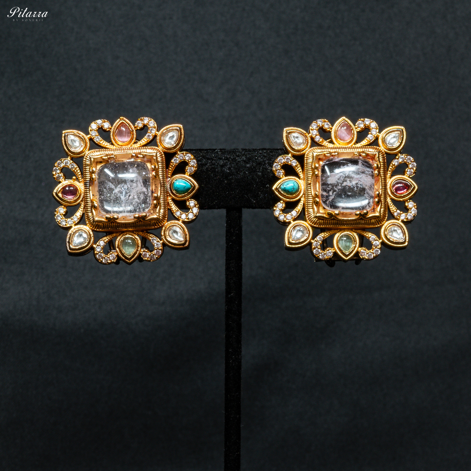 White Stone Golden Kundan Stud Earrings