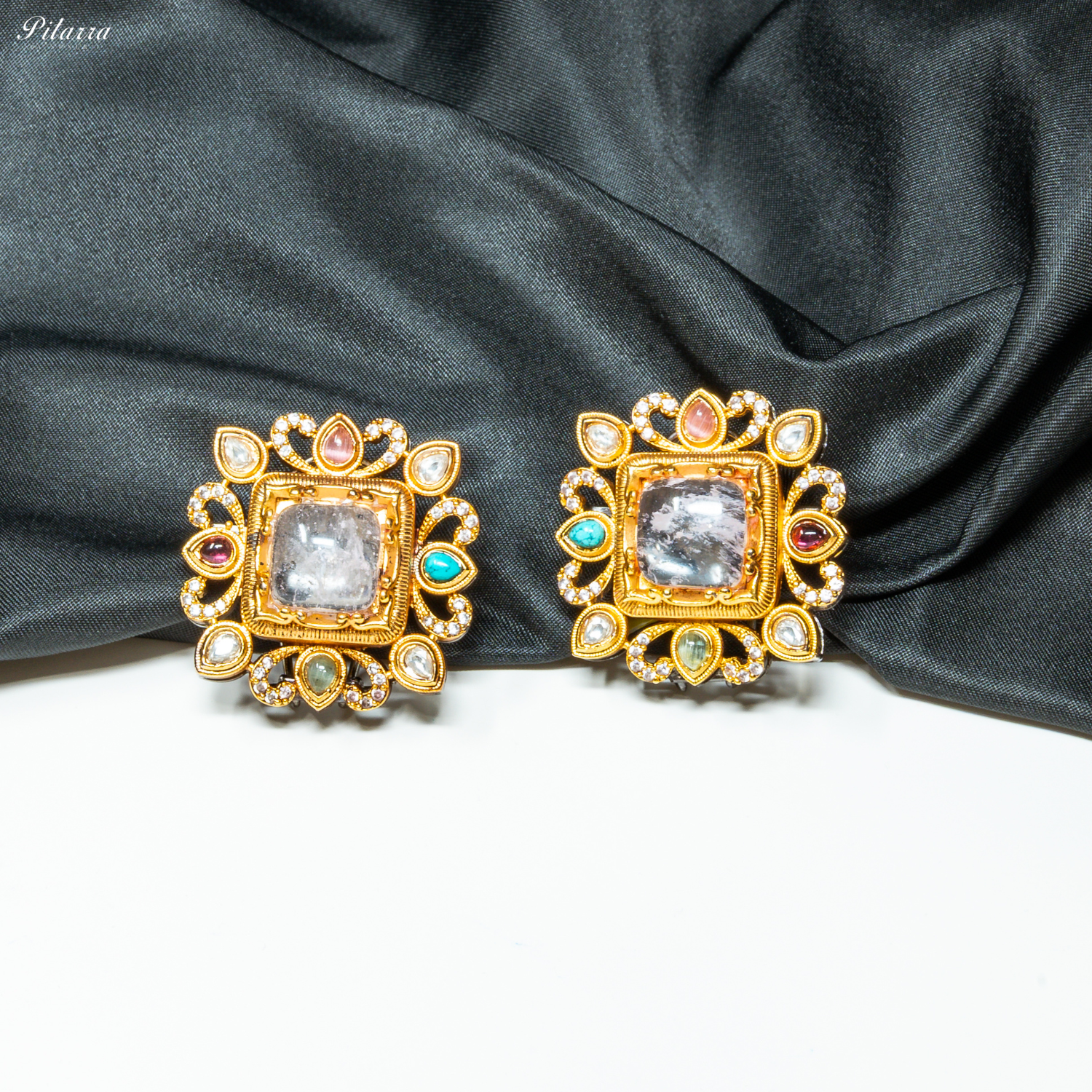 White Stone Golden Kundan Stud Earrings White Background