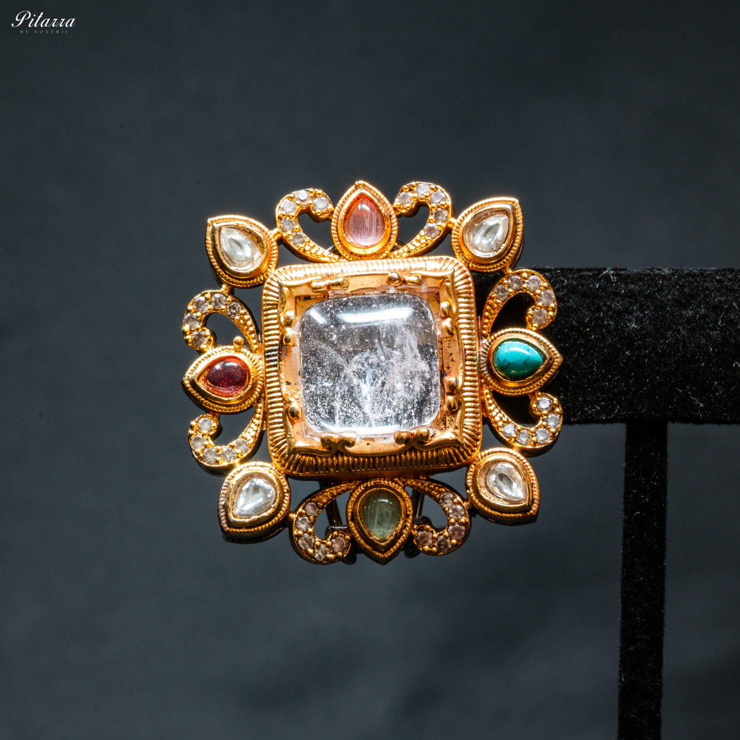White Stone Golden Kundan Stud Earrings Zoom Angle