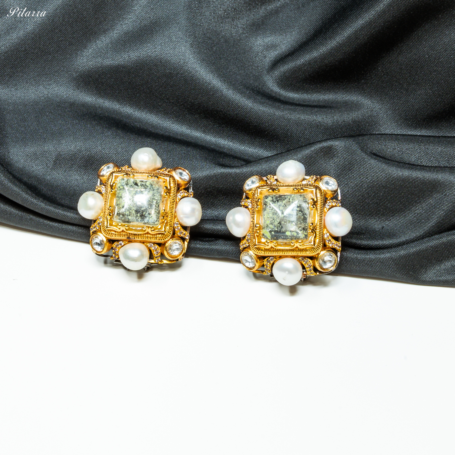 White Stone Pearl Kundan Stud Earrings_Side Angle