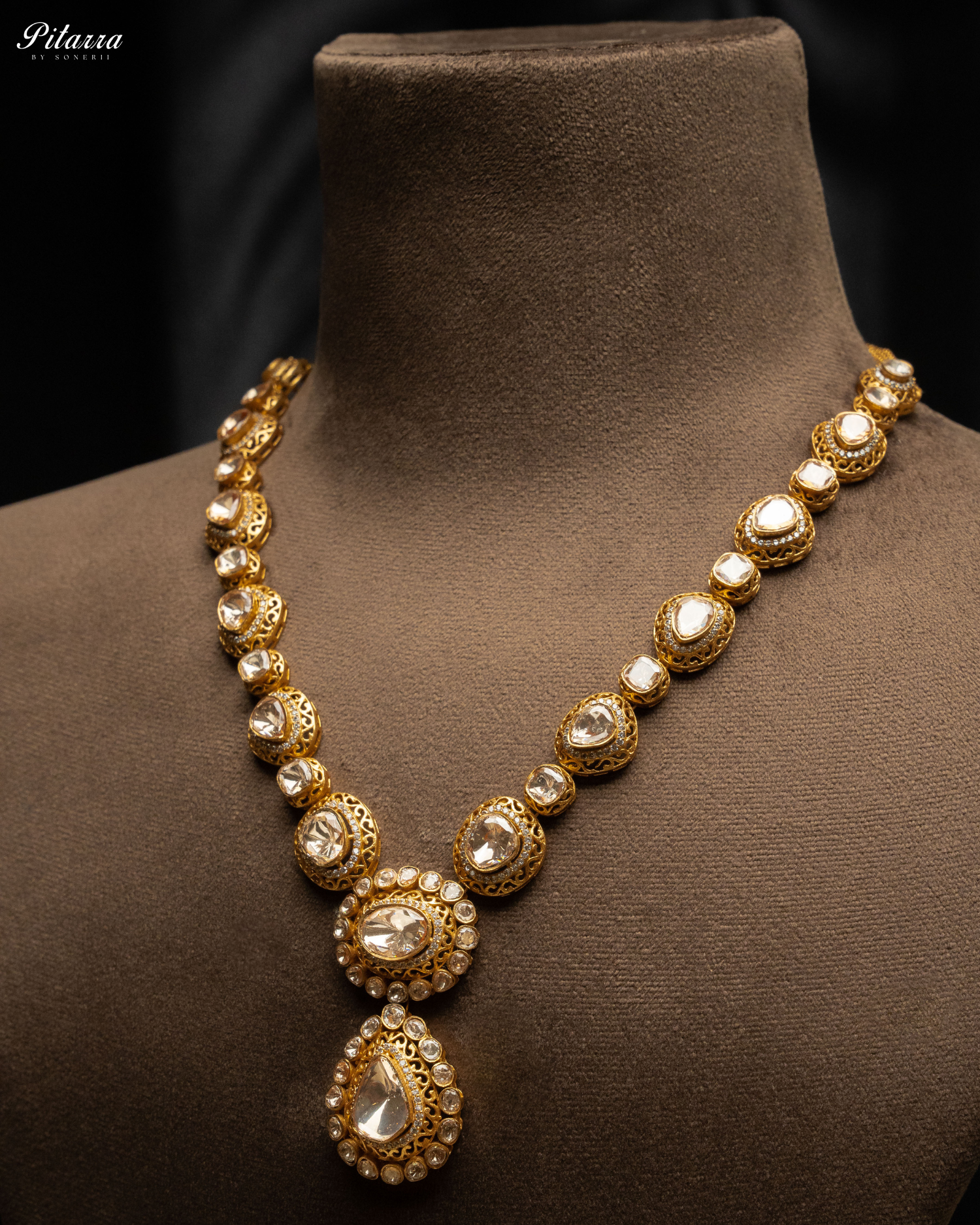 White Uncut Long Traditional Kundan Necklace Set-Side Angle