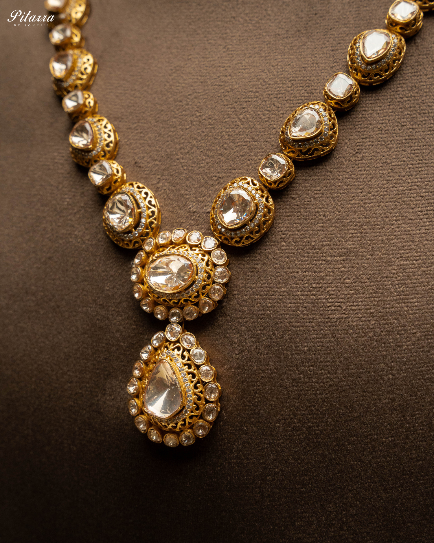 White Uncut Long Traditional Kundan Necklace Set-Zoom Angle