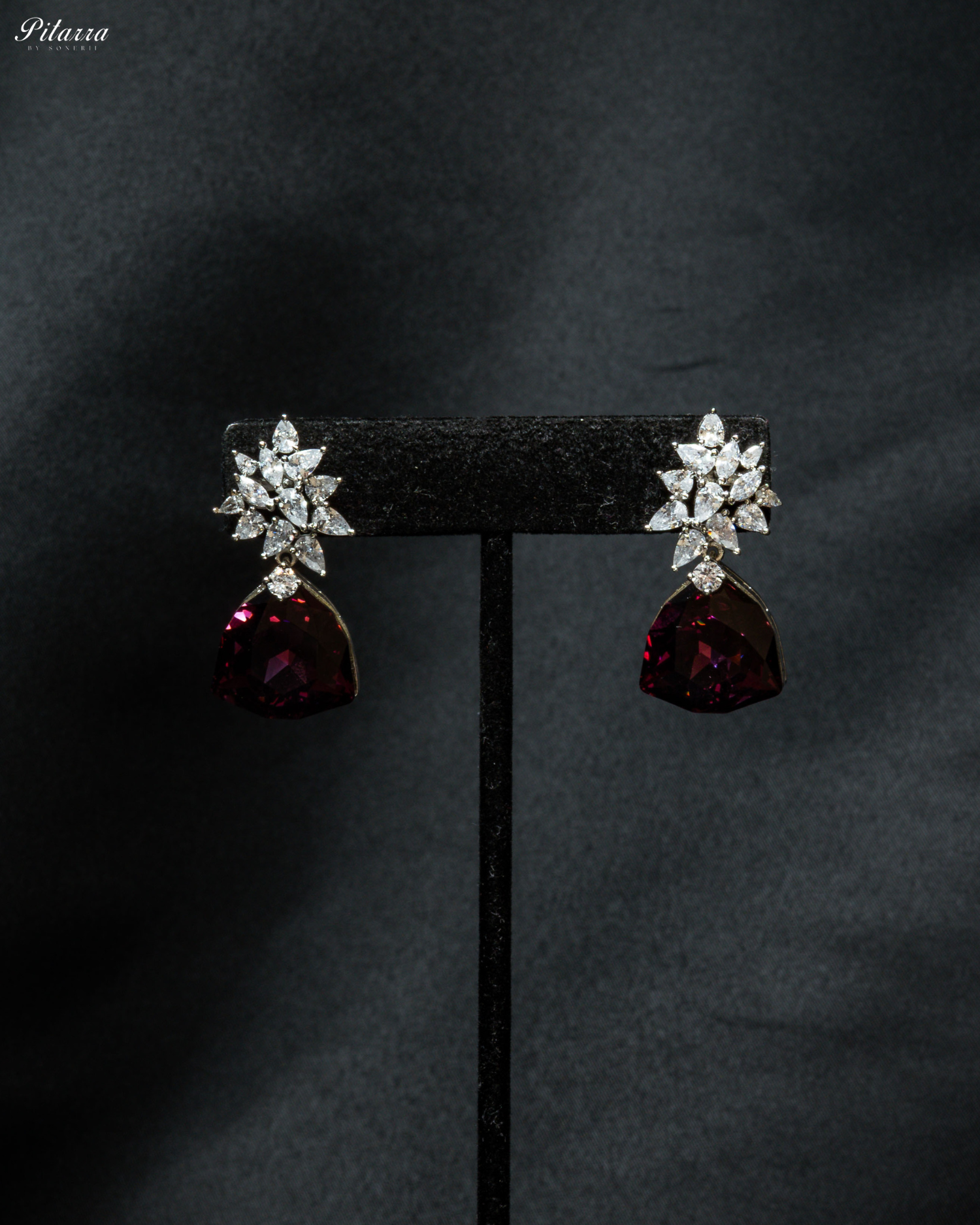 Wine Red Stone Silver Floral CZ Stud Earrings_Front Image