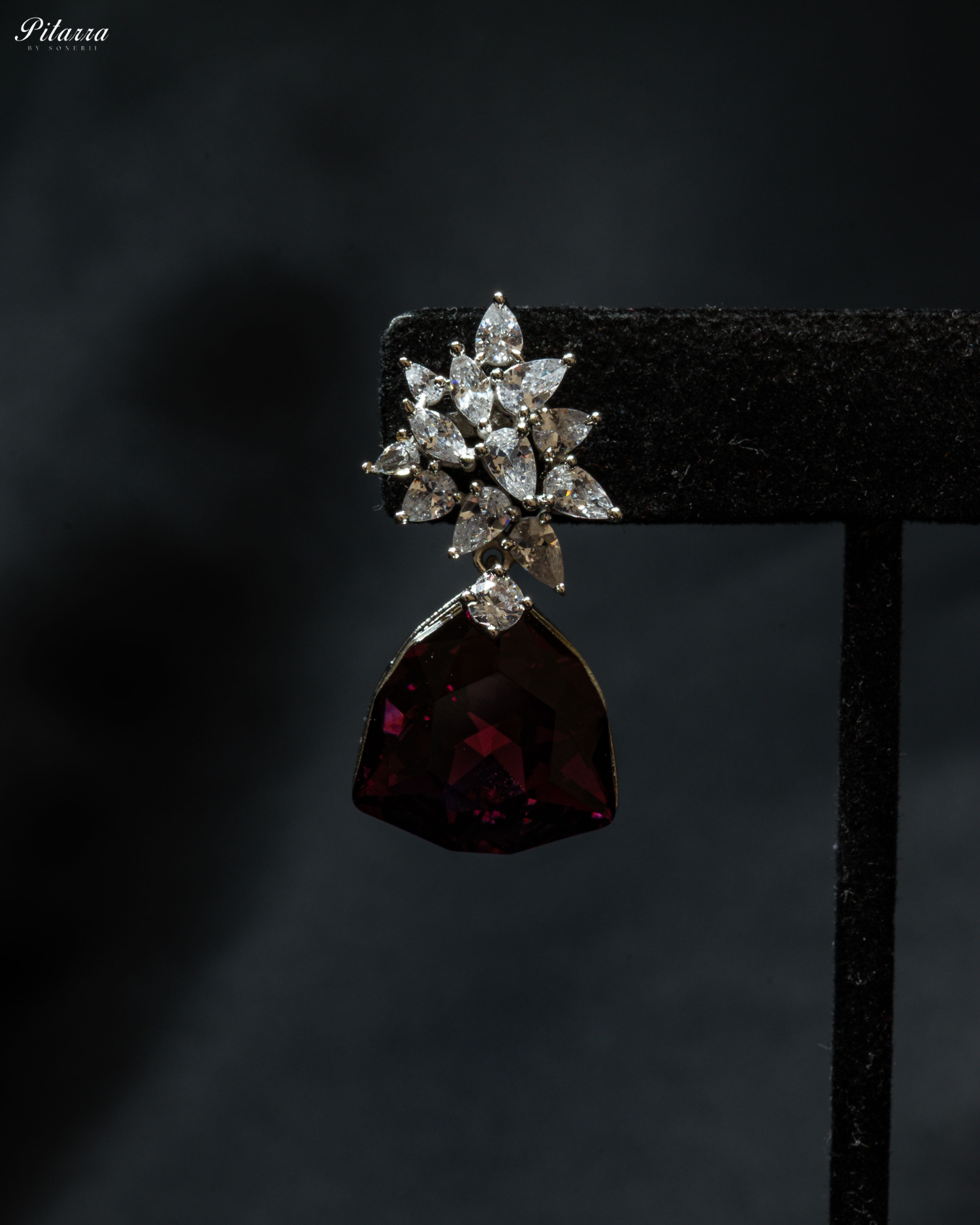 Wine Red Stone Silver Floral CZ Stud Earrings_Zoom Angle