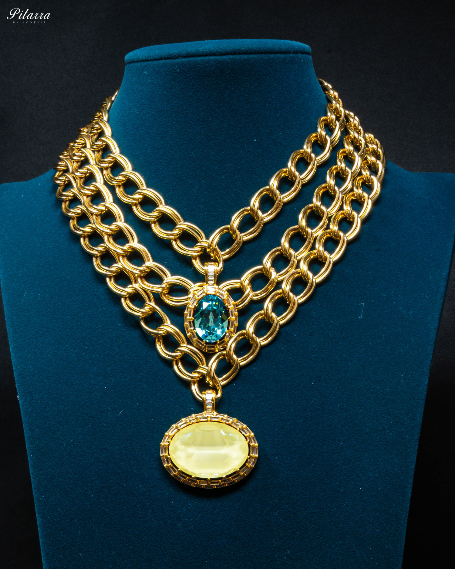 Yellow-Blue Statement Pendant Golden Chain Choker_Front Image
