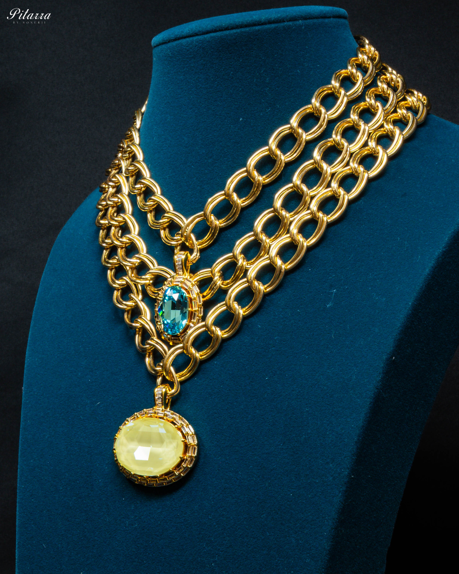 Yellow-Blue Statement Pendant Golden Chain Choker_Side Angle
