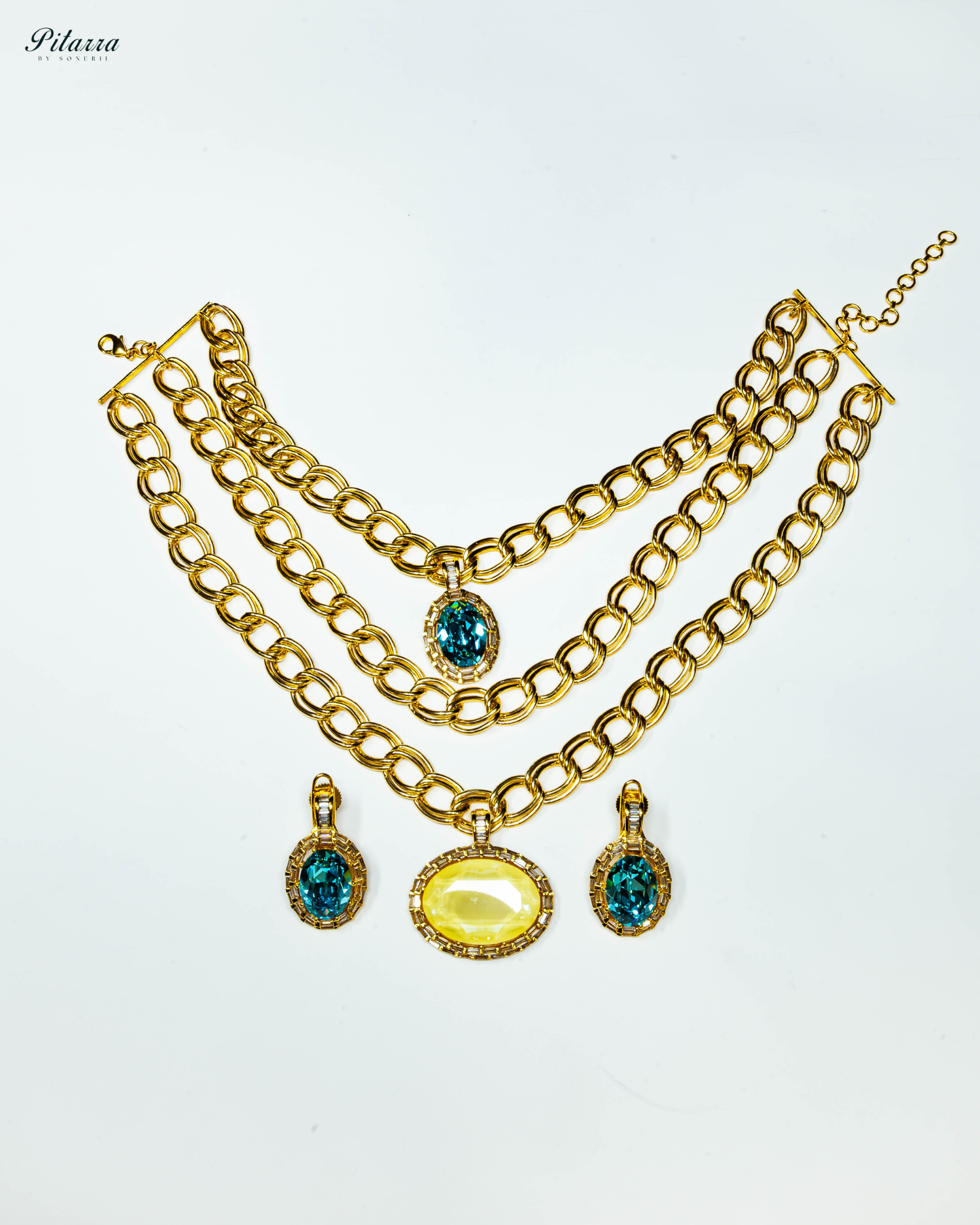 Yellow-Blue Statement Pendant Golden Chain Choker_White Background