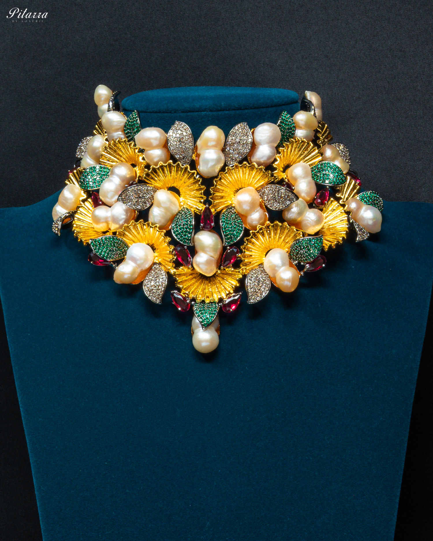 Yellow Floral Peach Pearls Fusion Set_Front Image