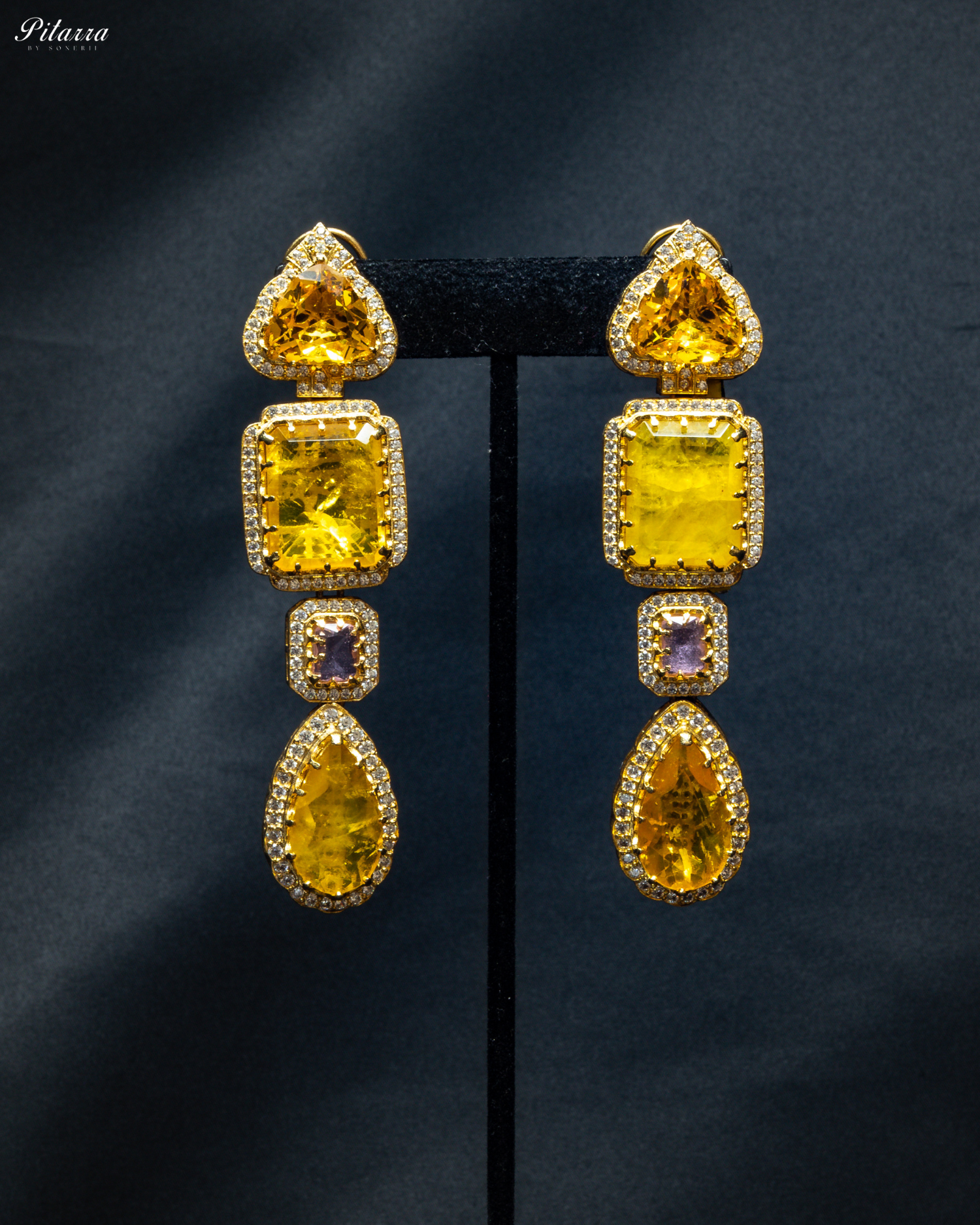 Yellow Stone Long Doublet Earrings_Front Image
