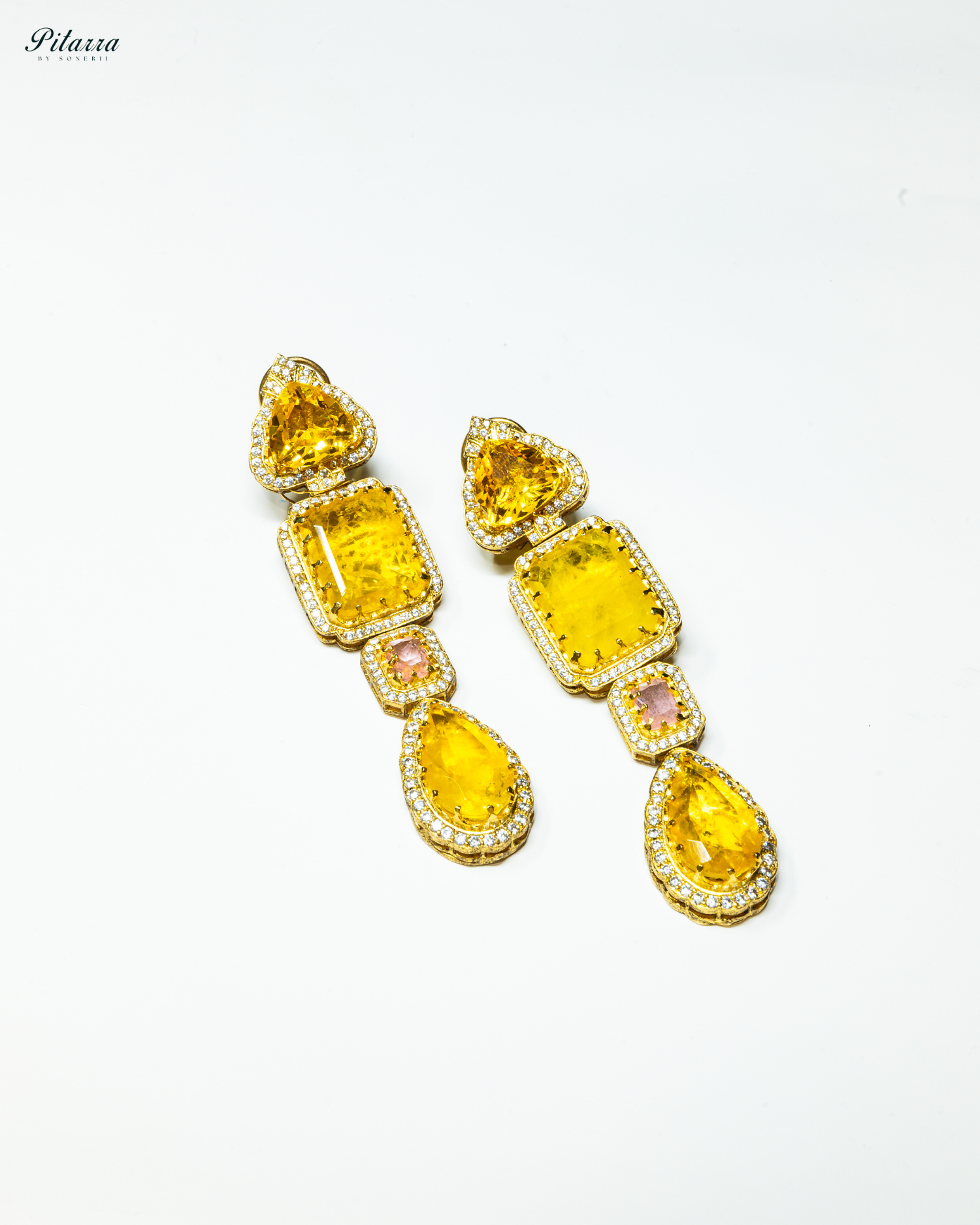 Yellow Stone Long Doublet Earrings_White Background