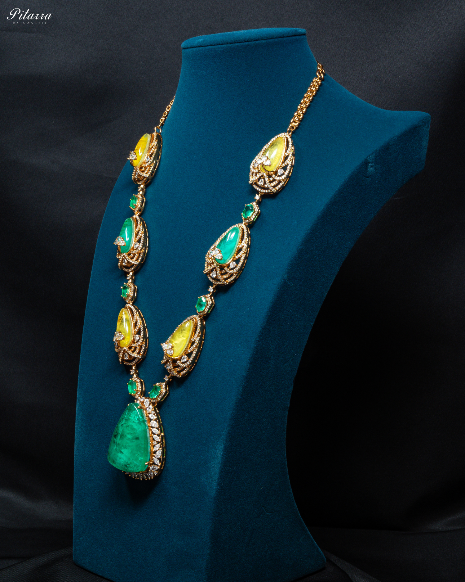 Yellow and Green Doublet Stone with CZ Necklace Set_Side Angle