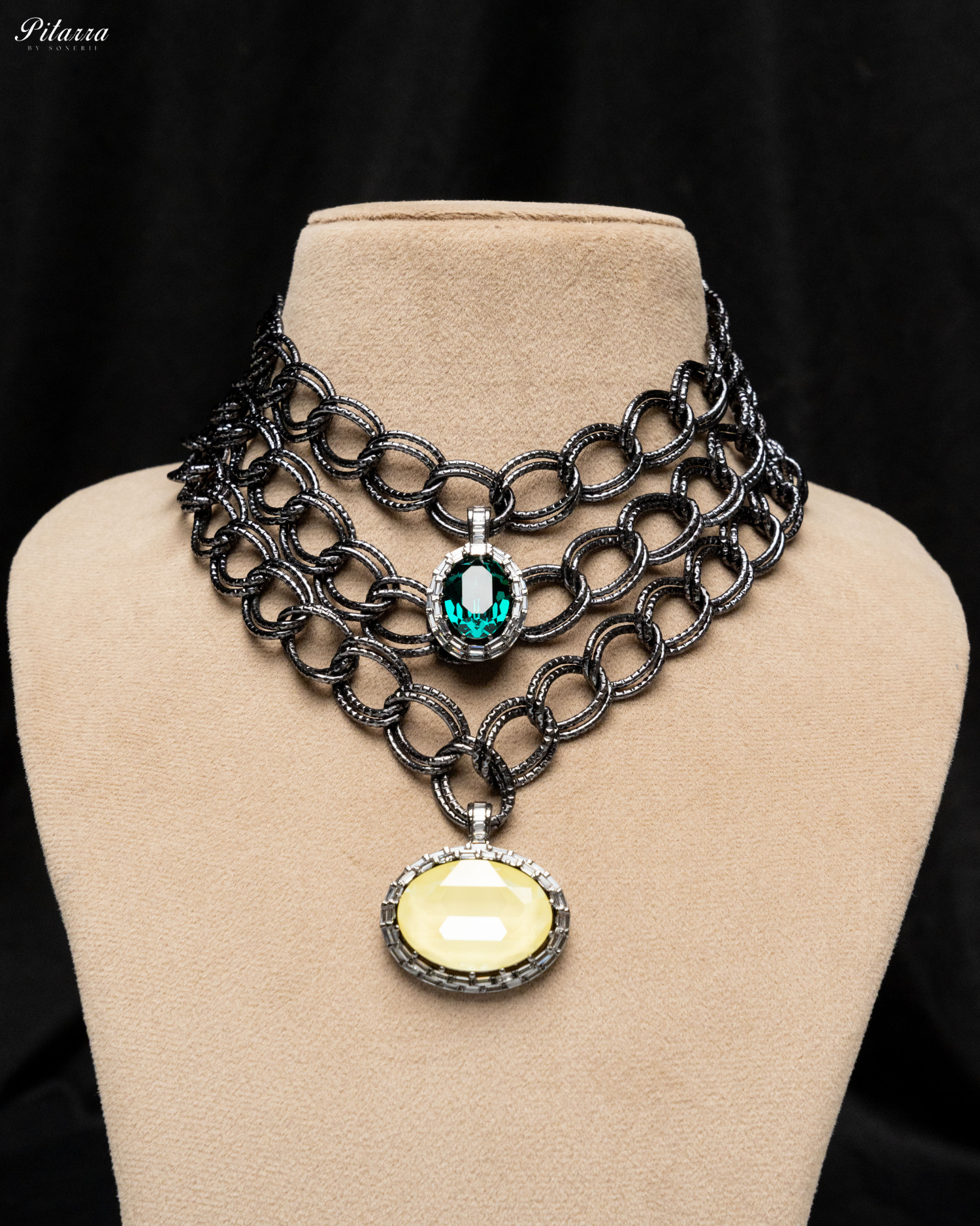Yellow and Green Statement Pendant Chain Choker_Front Image