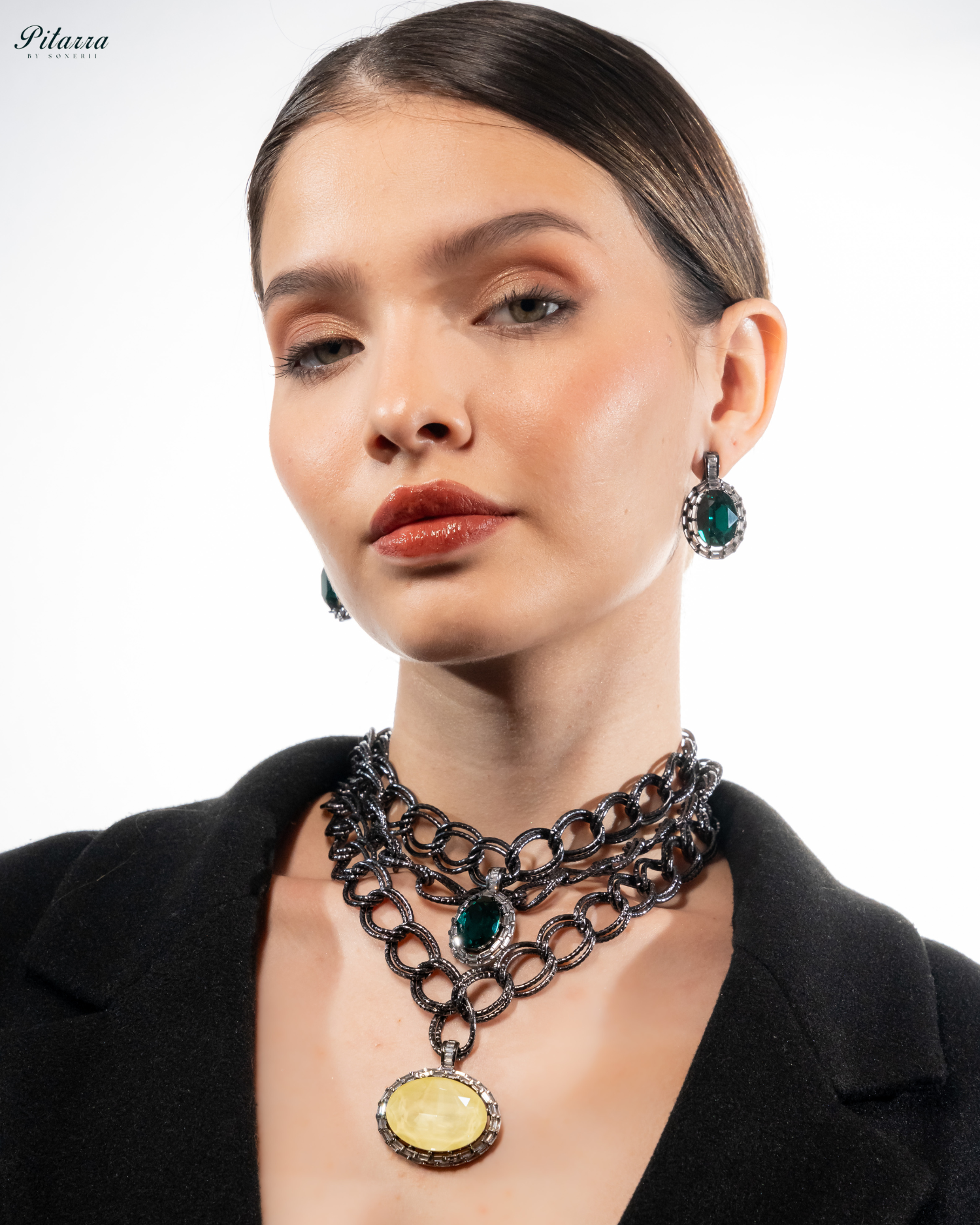 Yellow and Green Statement Pendant Chain Choker_White Background