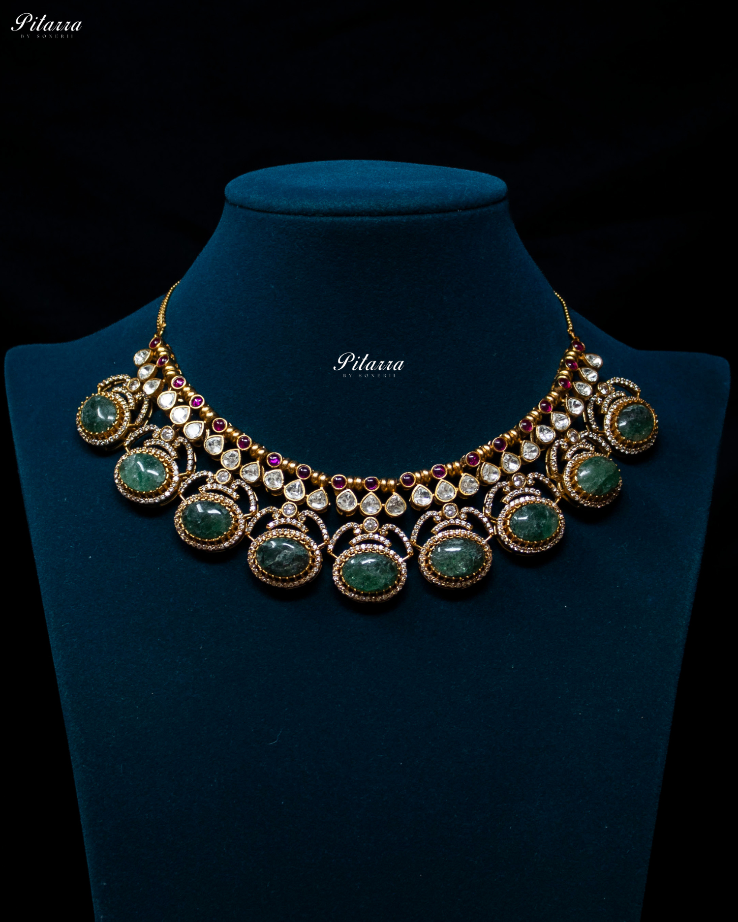 Pitarra Emerald Stones Moissanite Kundan Necklace Set