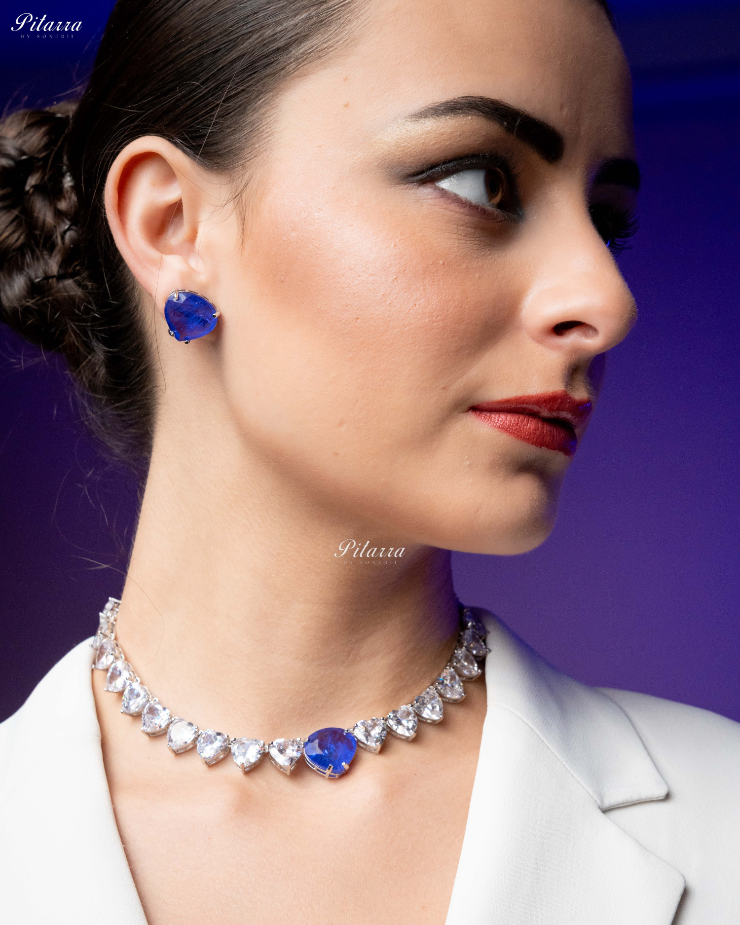 Blue Stone White Heartline Zircon Necklace Set