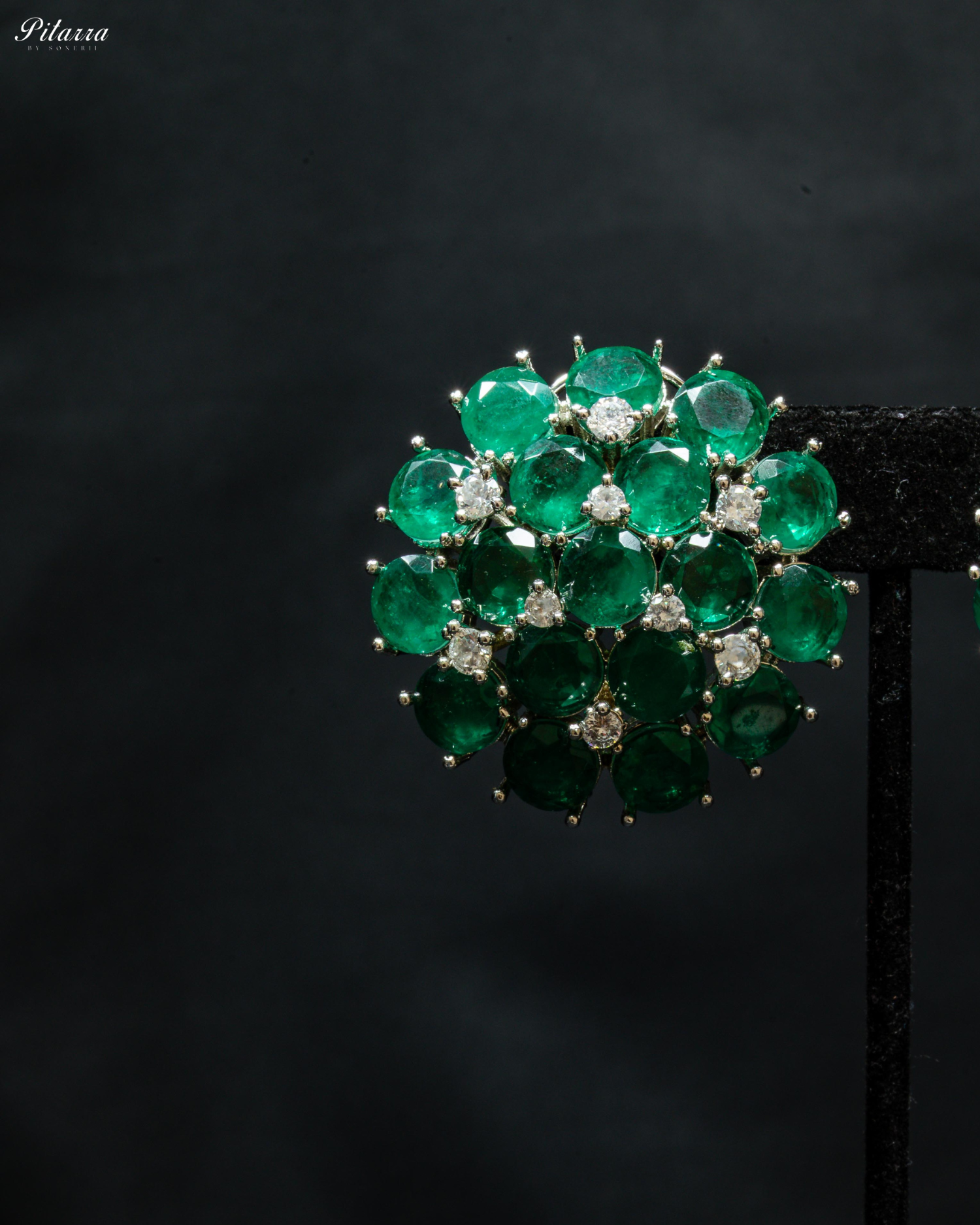 Emerald Stone Silver Crystal Stud Earrings