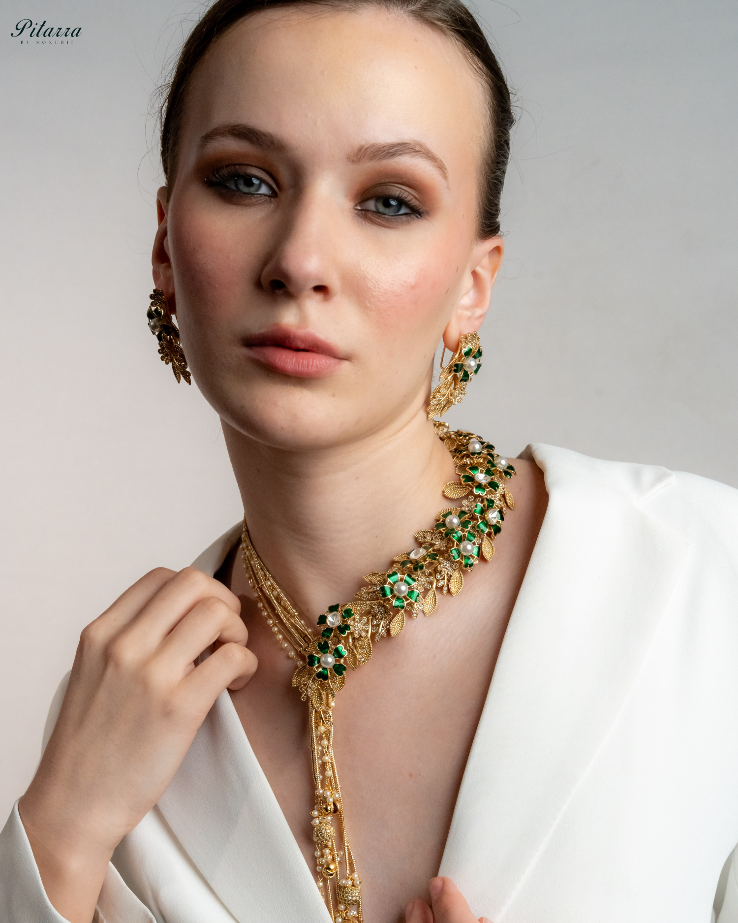 Green Leaf Polki Golden Dual Necklace Set