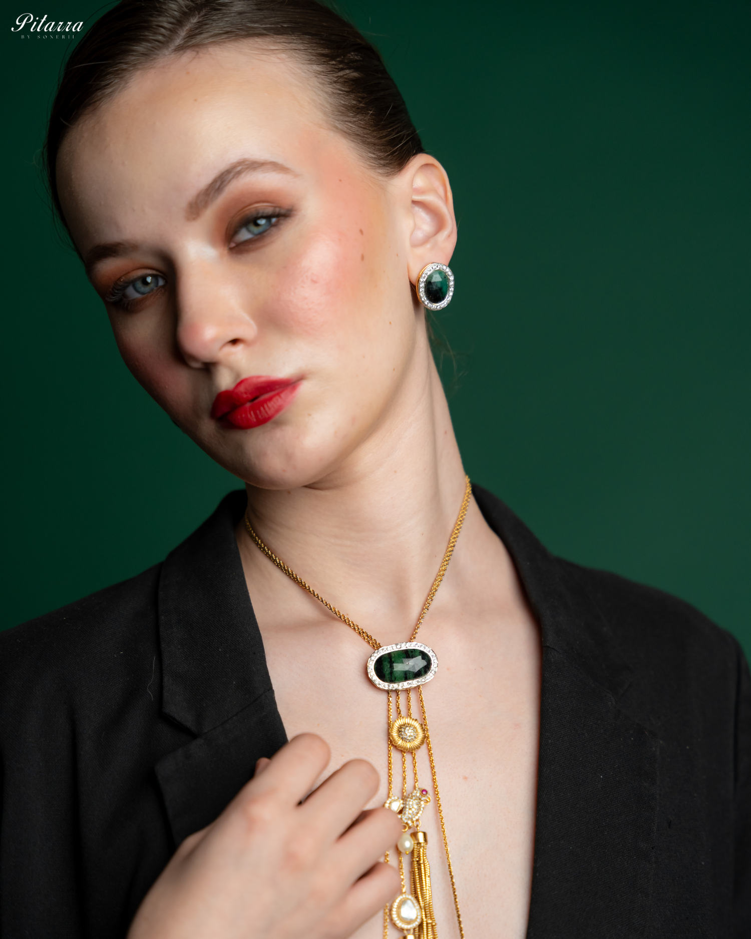 Gold Tone Chain Green Stone Necklace Set