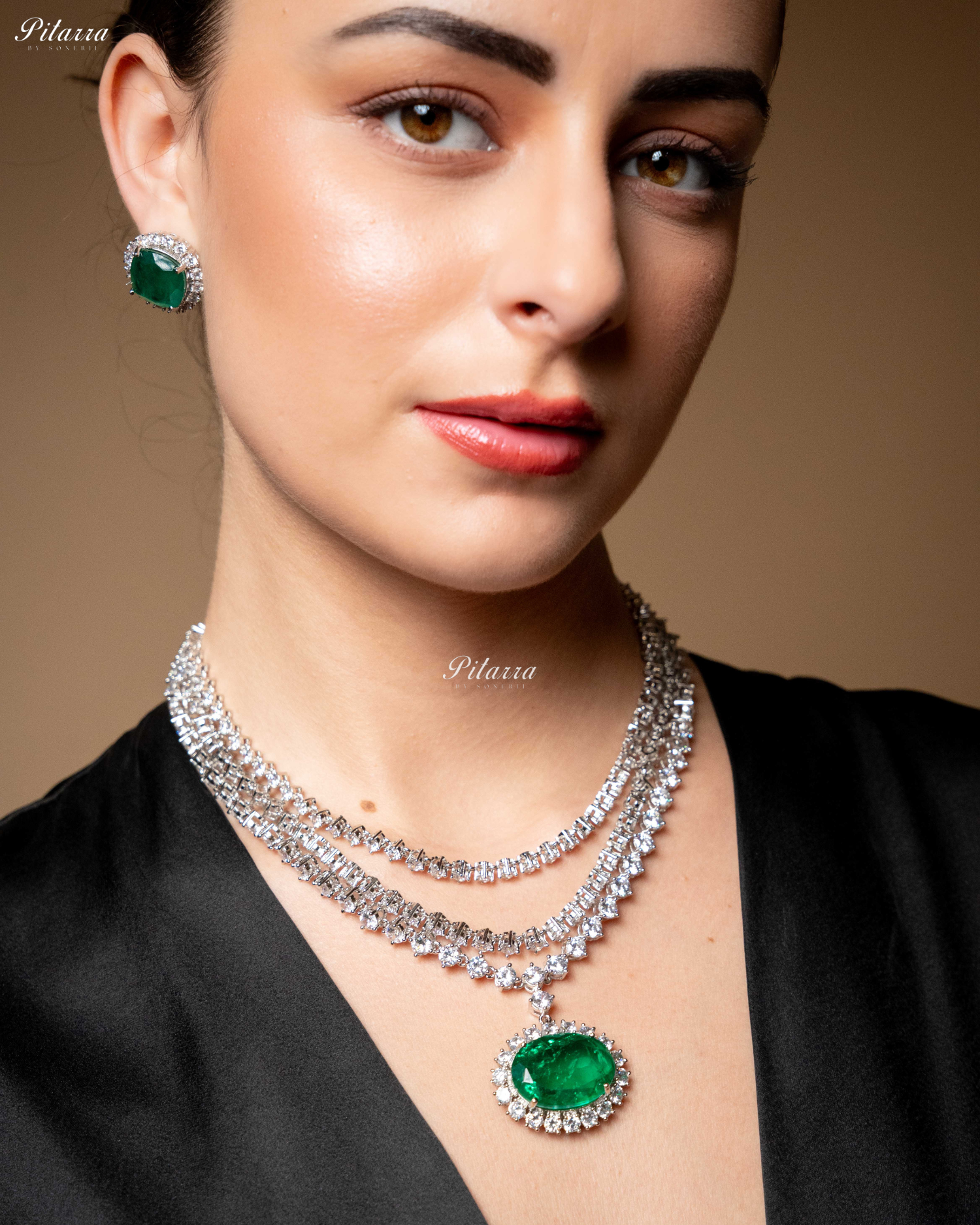 Emerald Stone Cubic Zirconia Silver Necklace Set