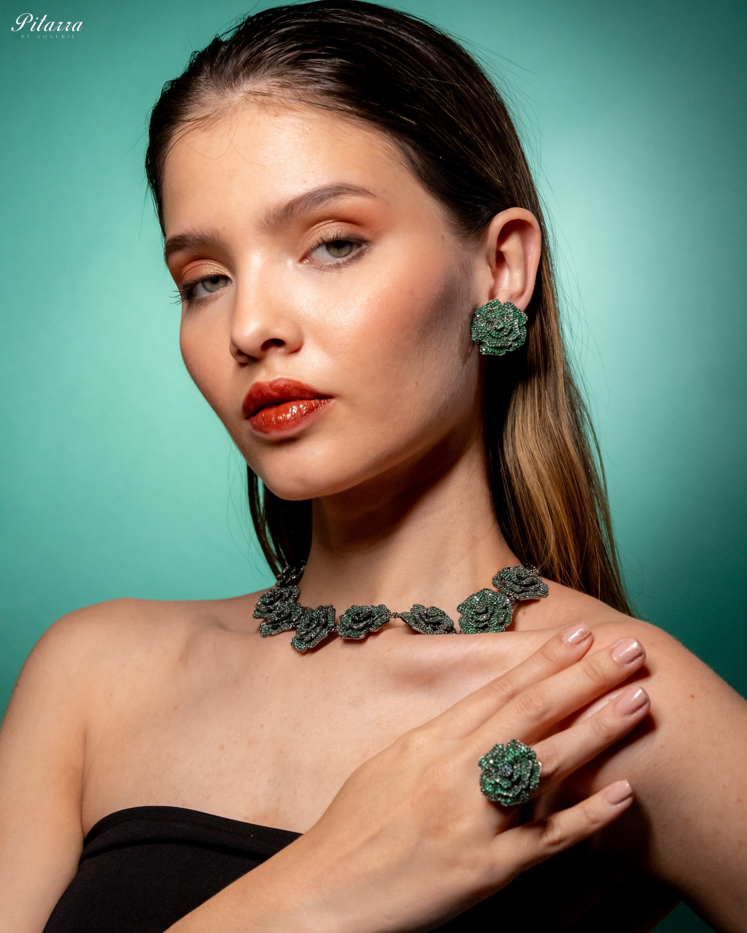 Green Tone Flower CZ Choker Set with Ring