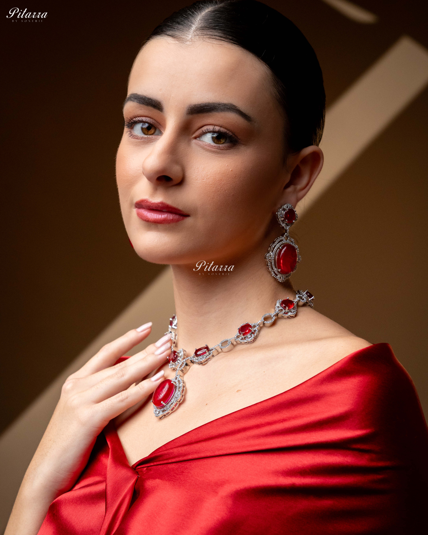 Red Stone Silver Finish Tone Crystal Necklace Set