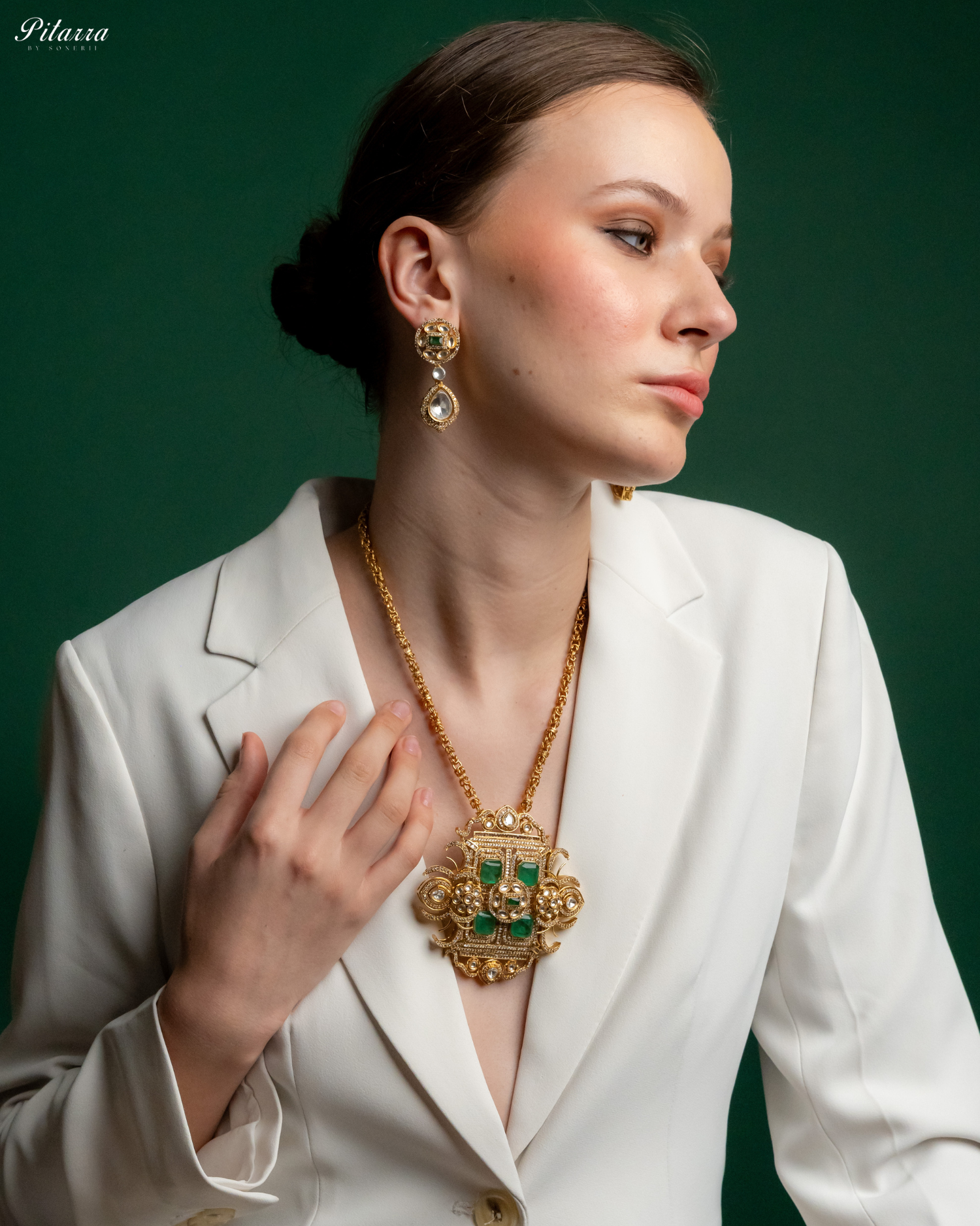 Green Moissanite Stone Long Necklace Set