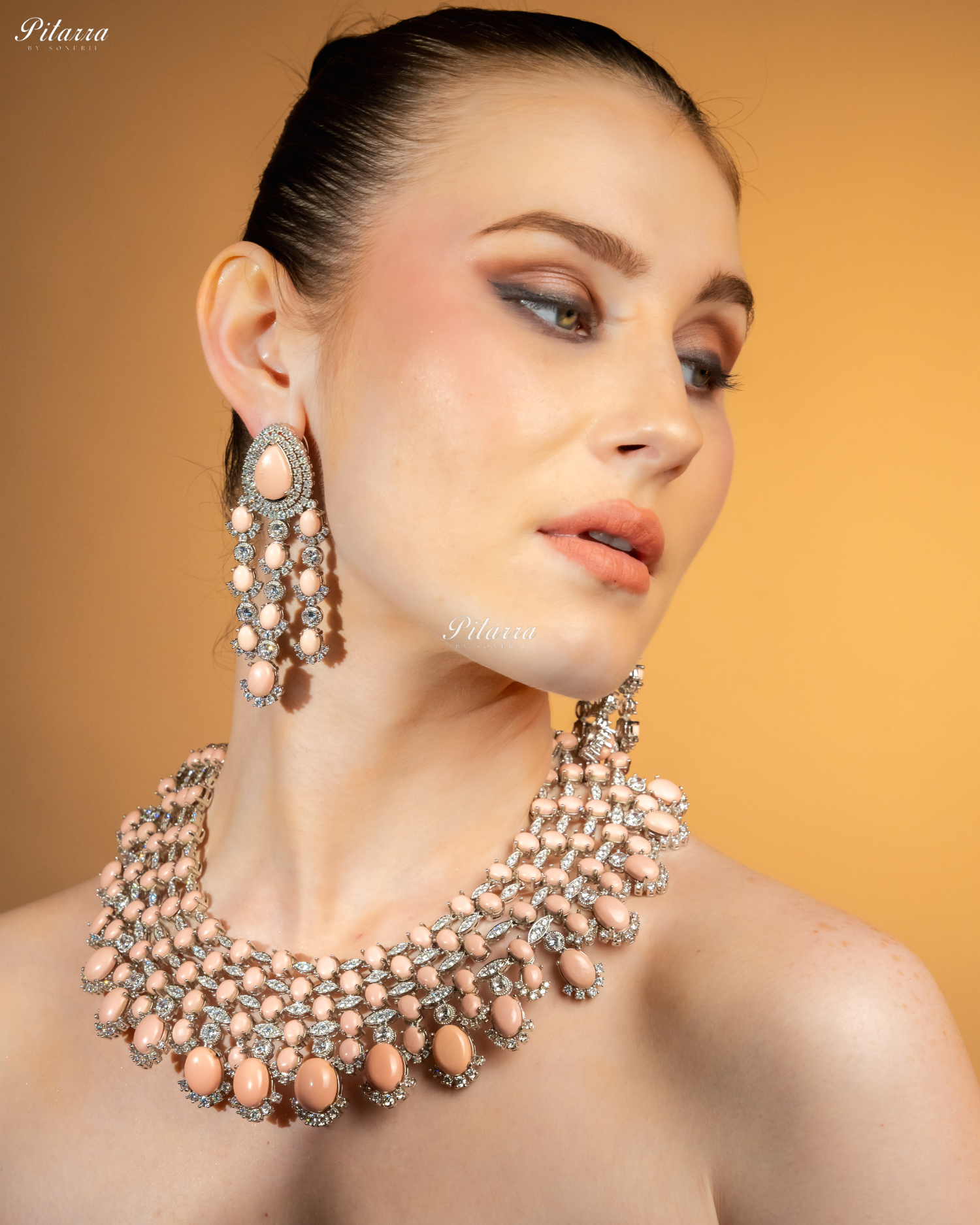 Peach Stone Silver Multi Layer CZ Necklace Set