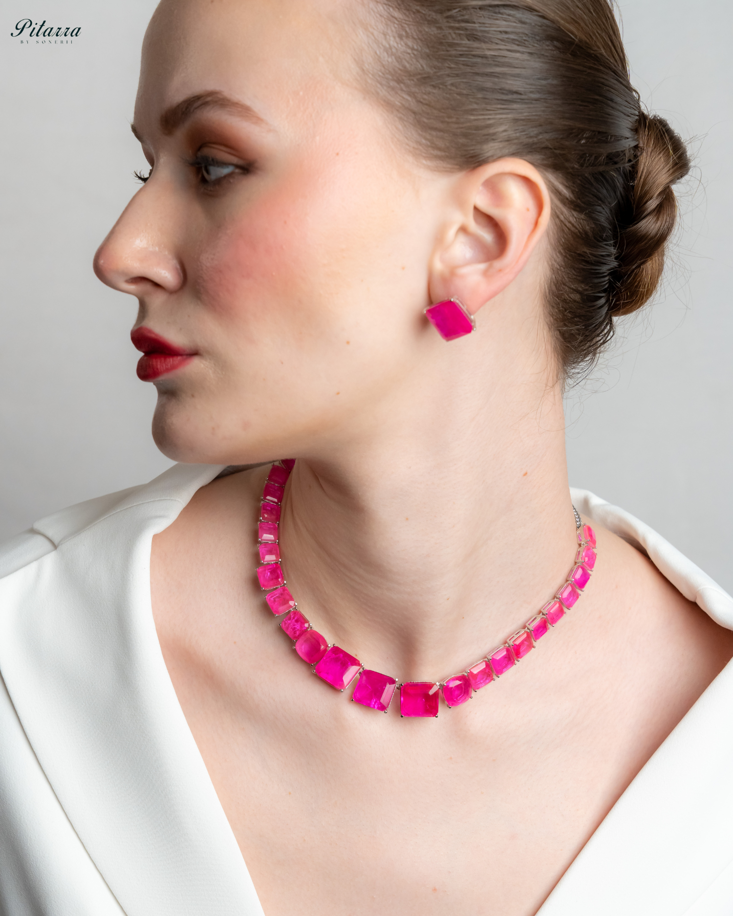 Pink Square Cubic Zirconia Necklace Set