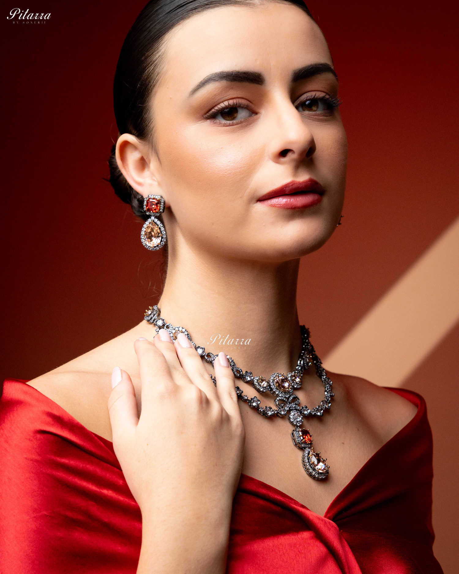 Multicolor Two Layer Silver CZ Necklace Set