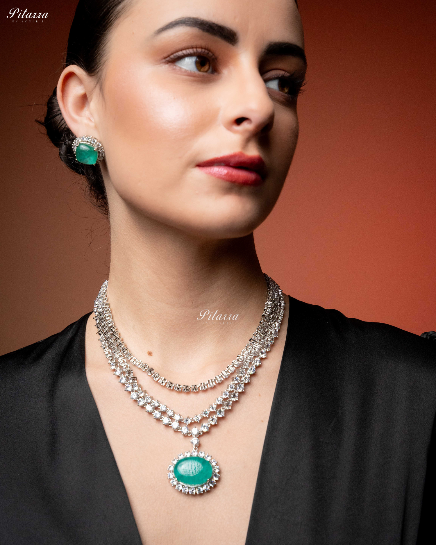 Green Stone Cubic Zirconia Silver Necklace Set