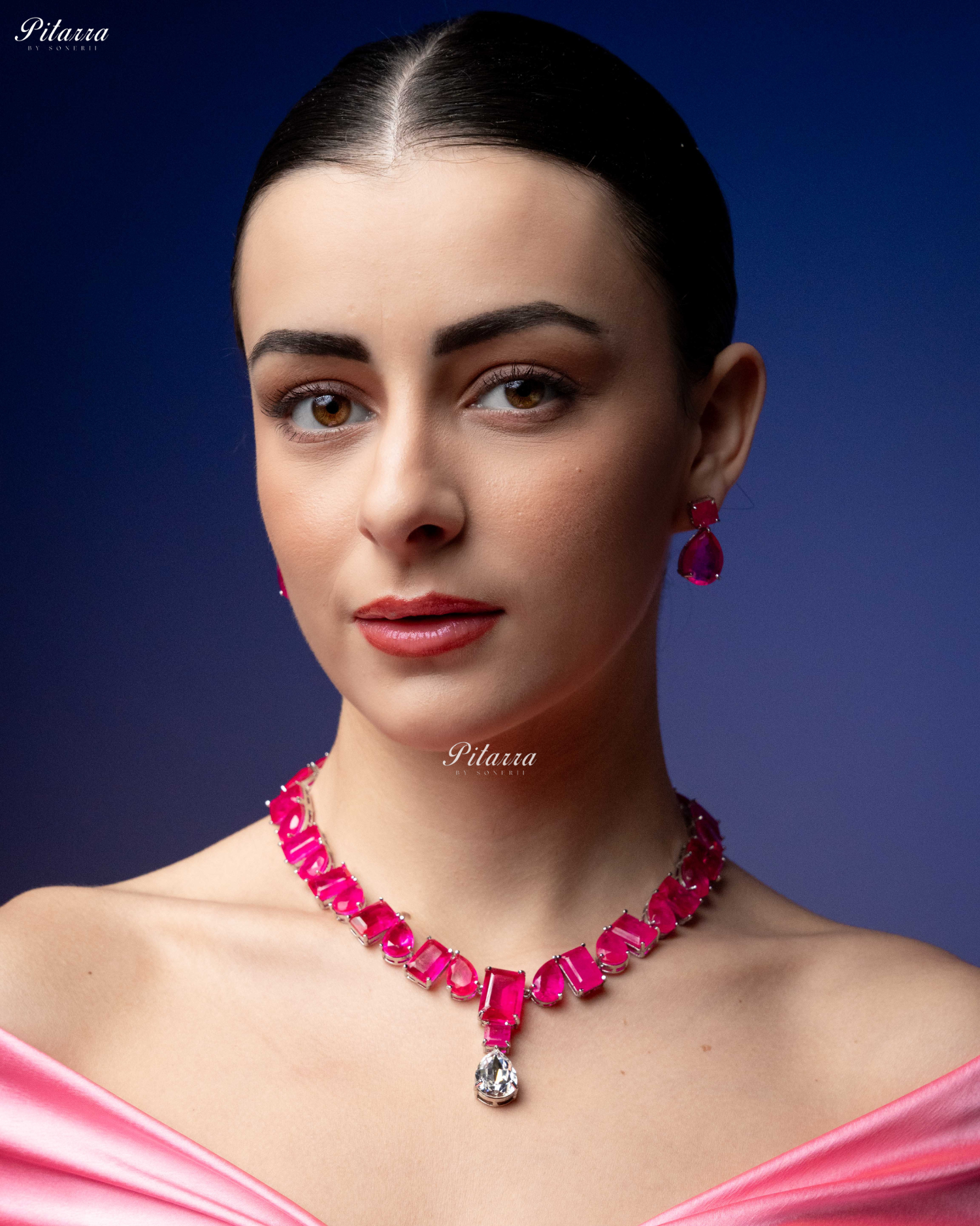 Pink Square and Drop Crystal Necklace Set