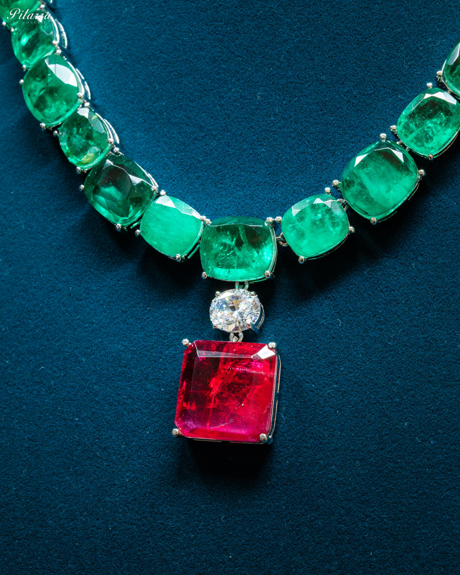 Silver Finish Red Square Crystal Necklace Set