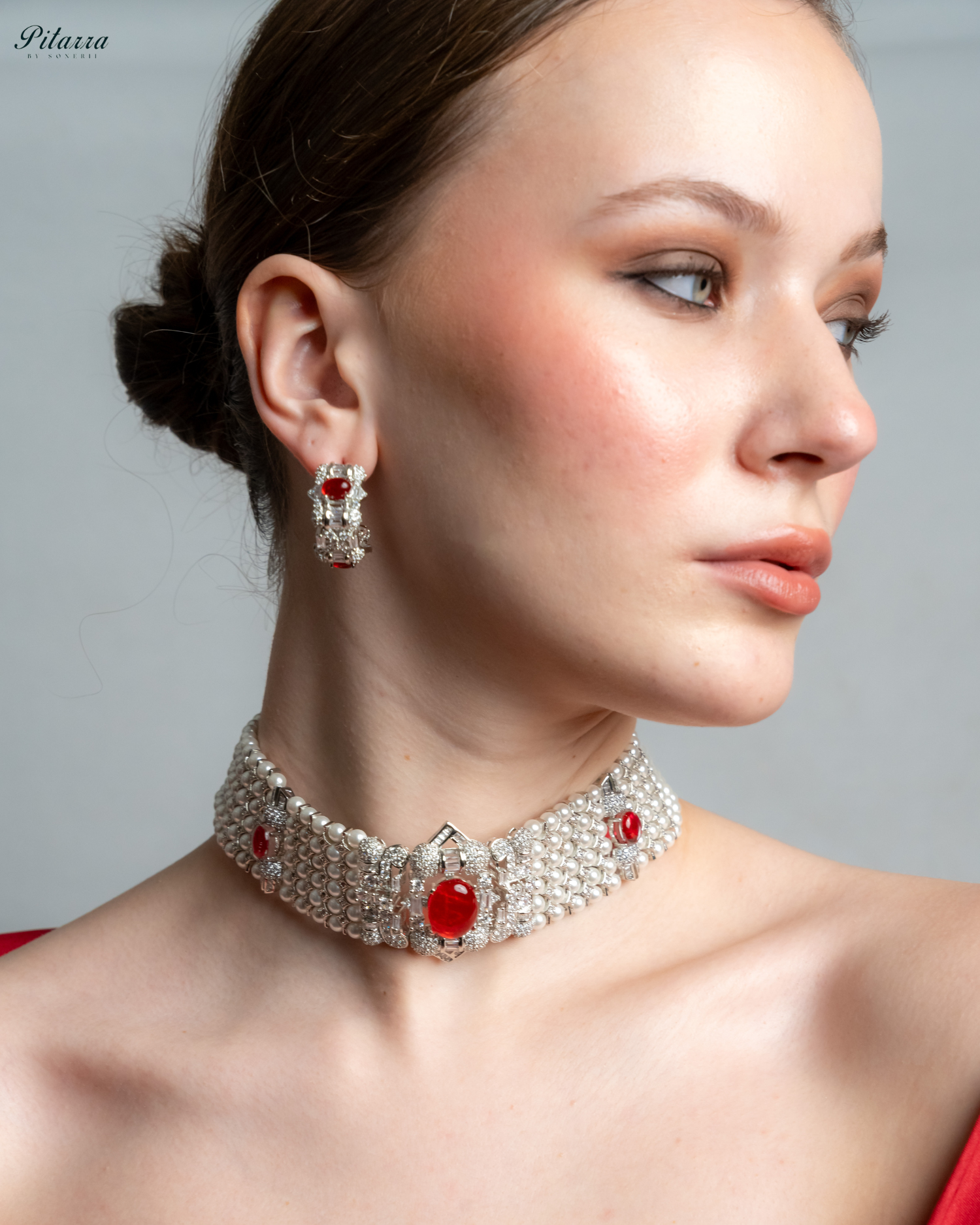 Red Carved Doublet and Pearl Choker