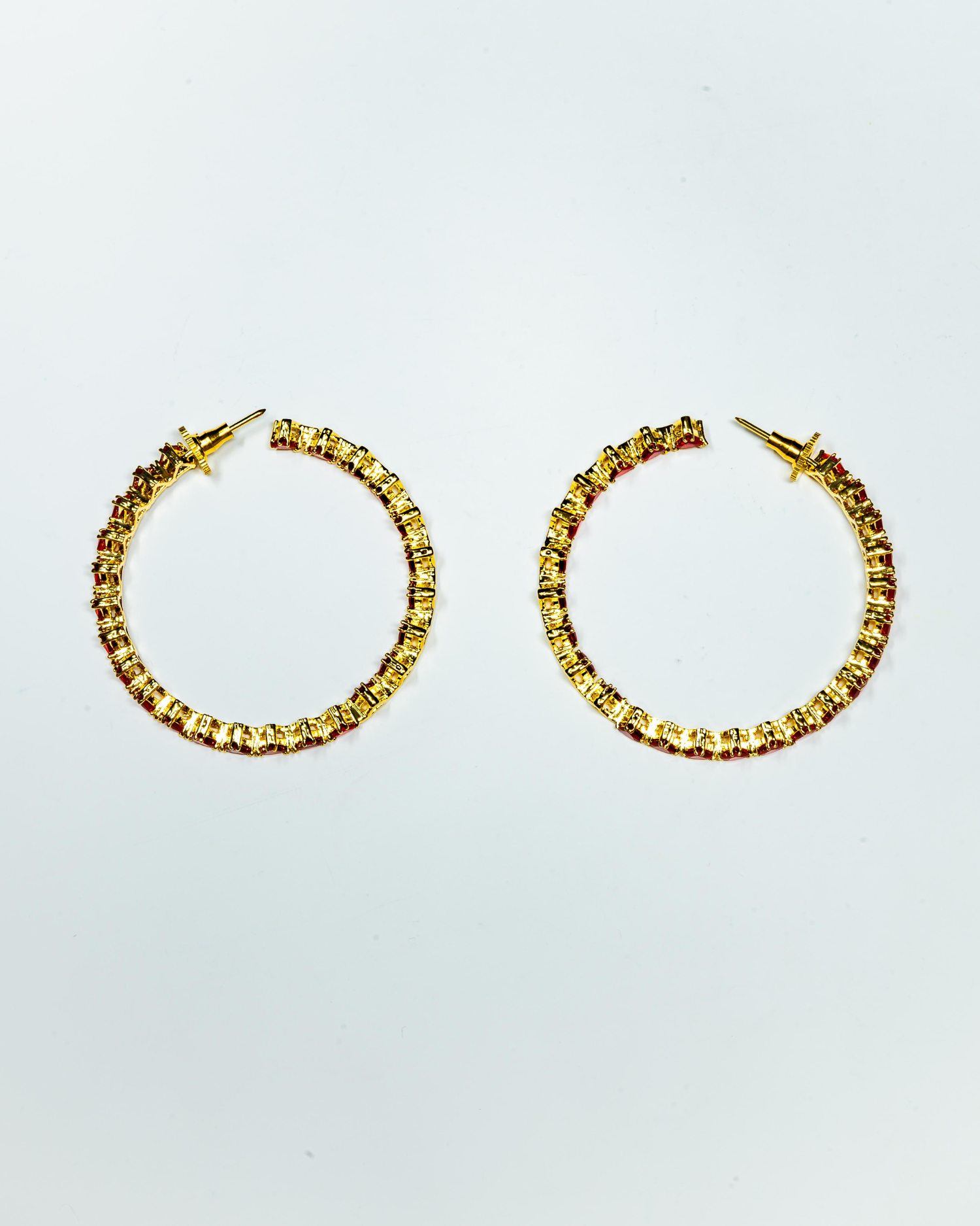 Red Stone Gold Finish Crystal Hoop Earrings