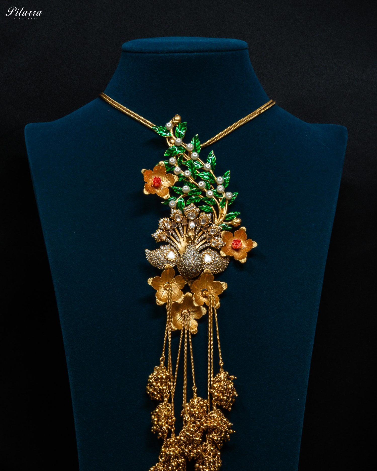 Emerald Leaf White Crystal Peacock Design Meenakari Necklace Set