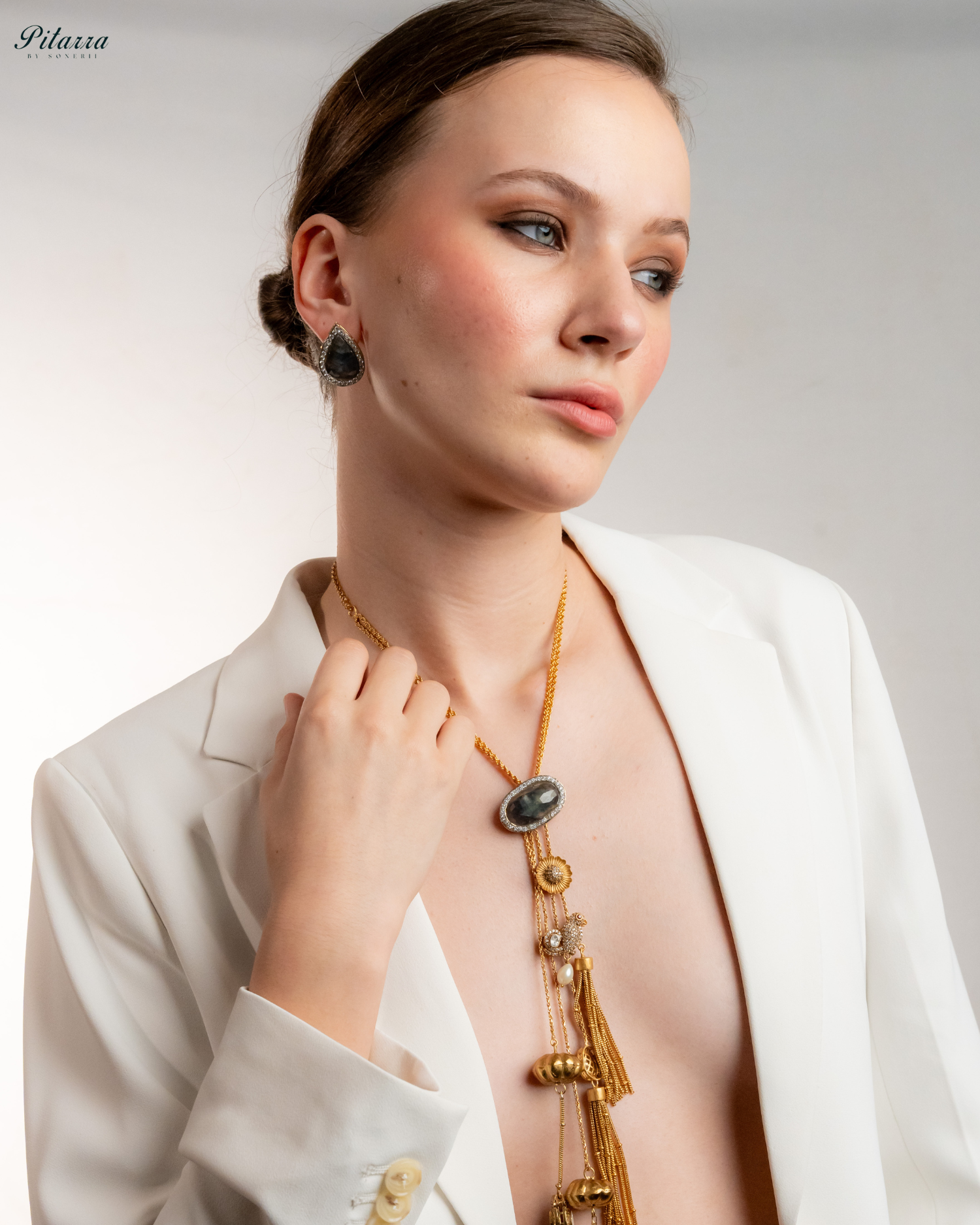 Gold Tone Chain Blue Stone Necklace Set