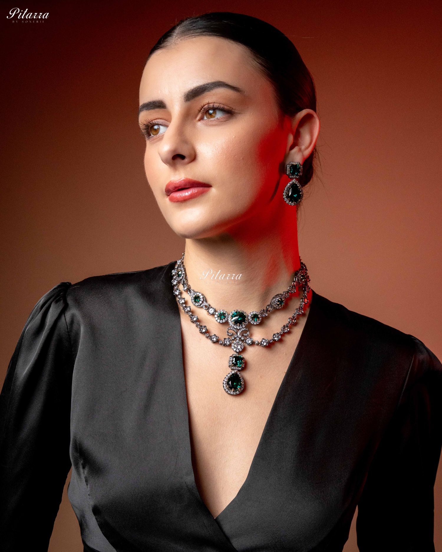 Emerald Two Layer Silver CZ Necklace Set