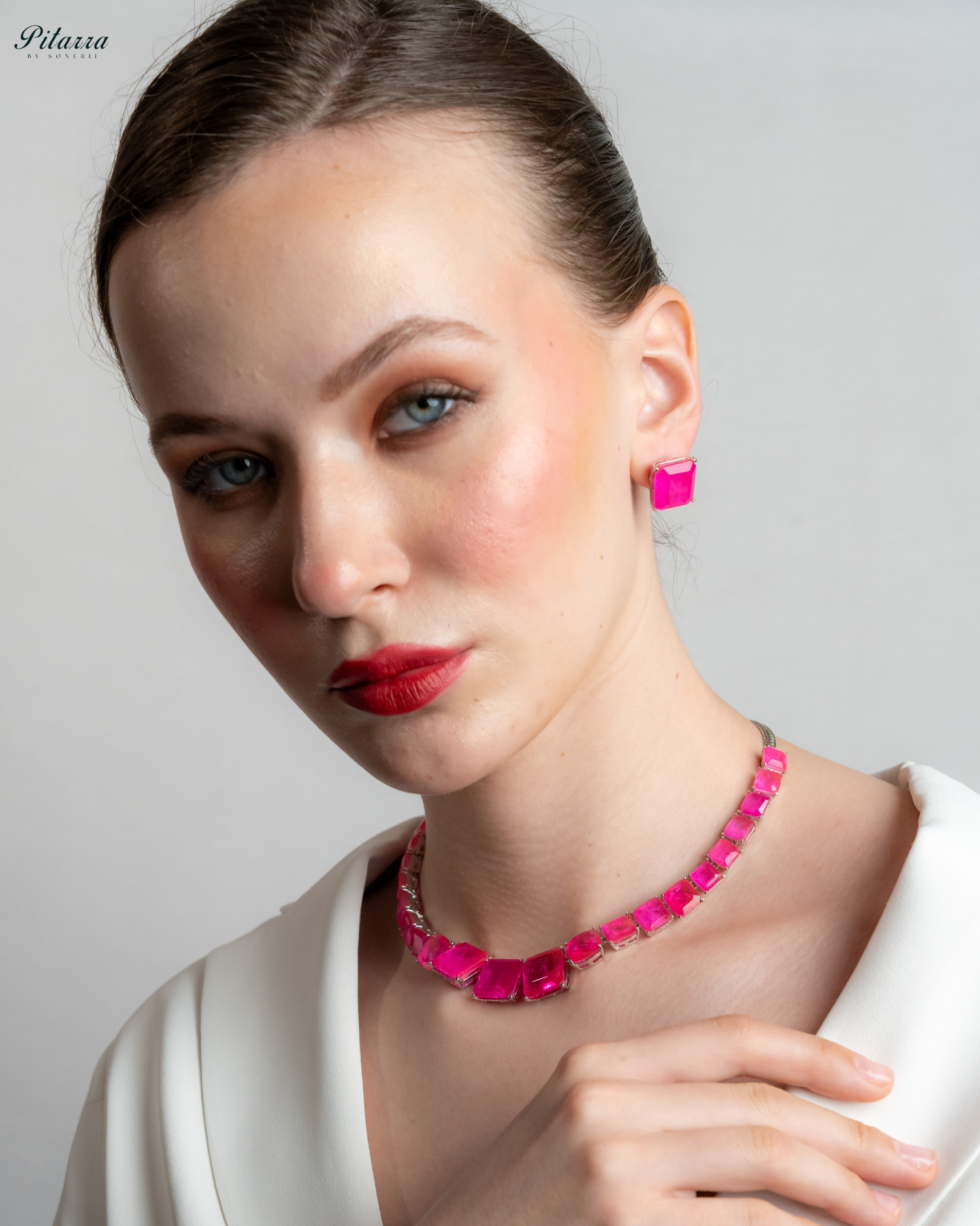 Pink Square Cubic Zirconia Necklace Set