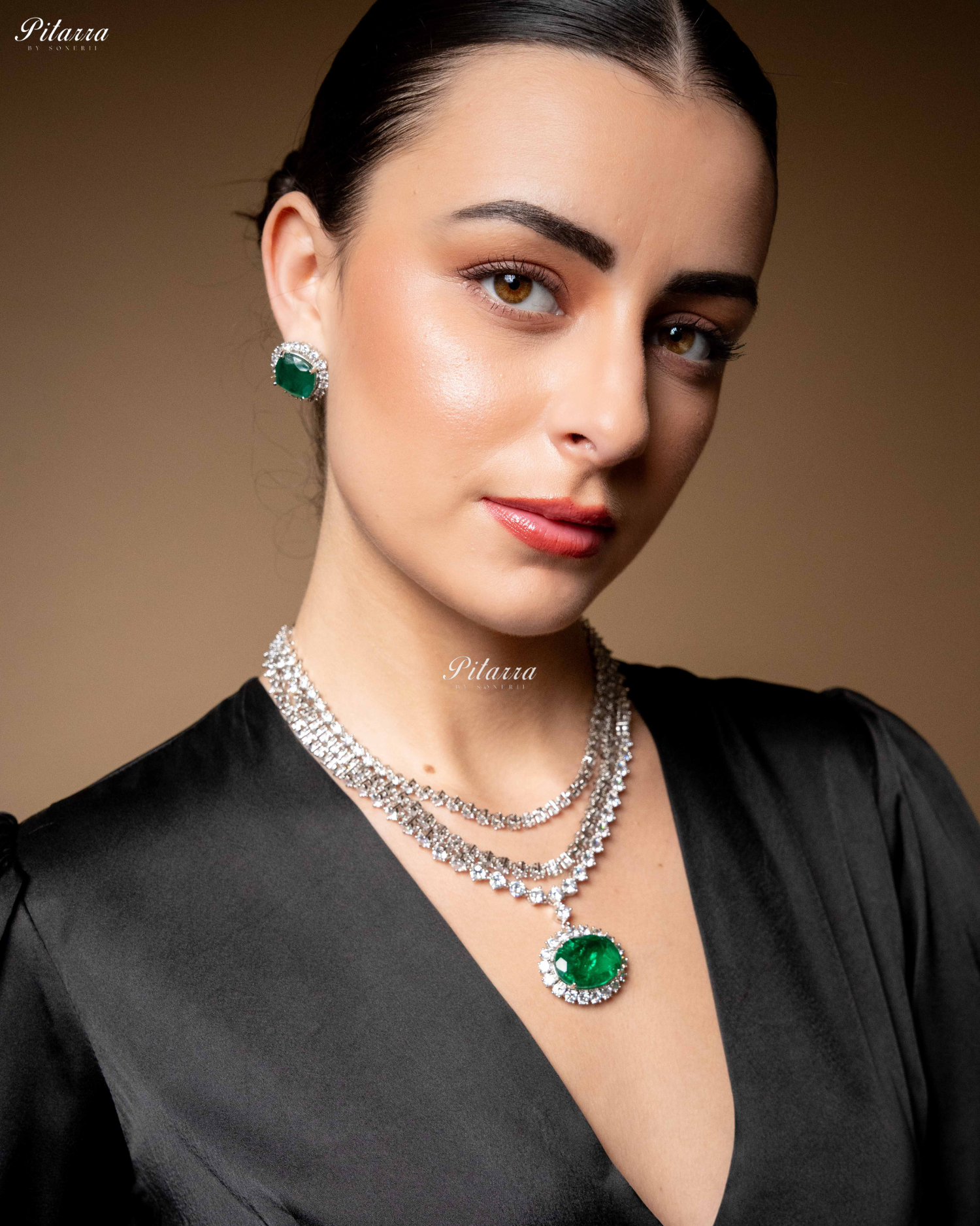 Emerald Stone Cubic Zirconia Silver Necklace Set
