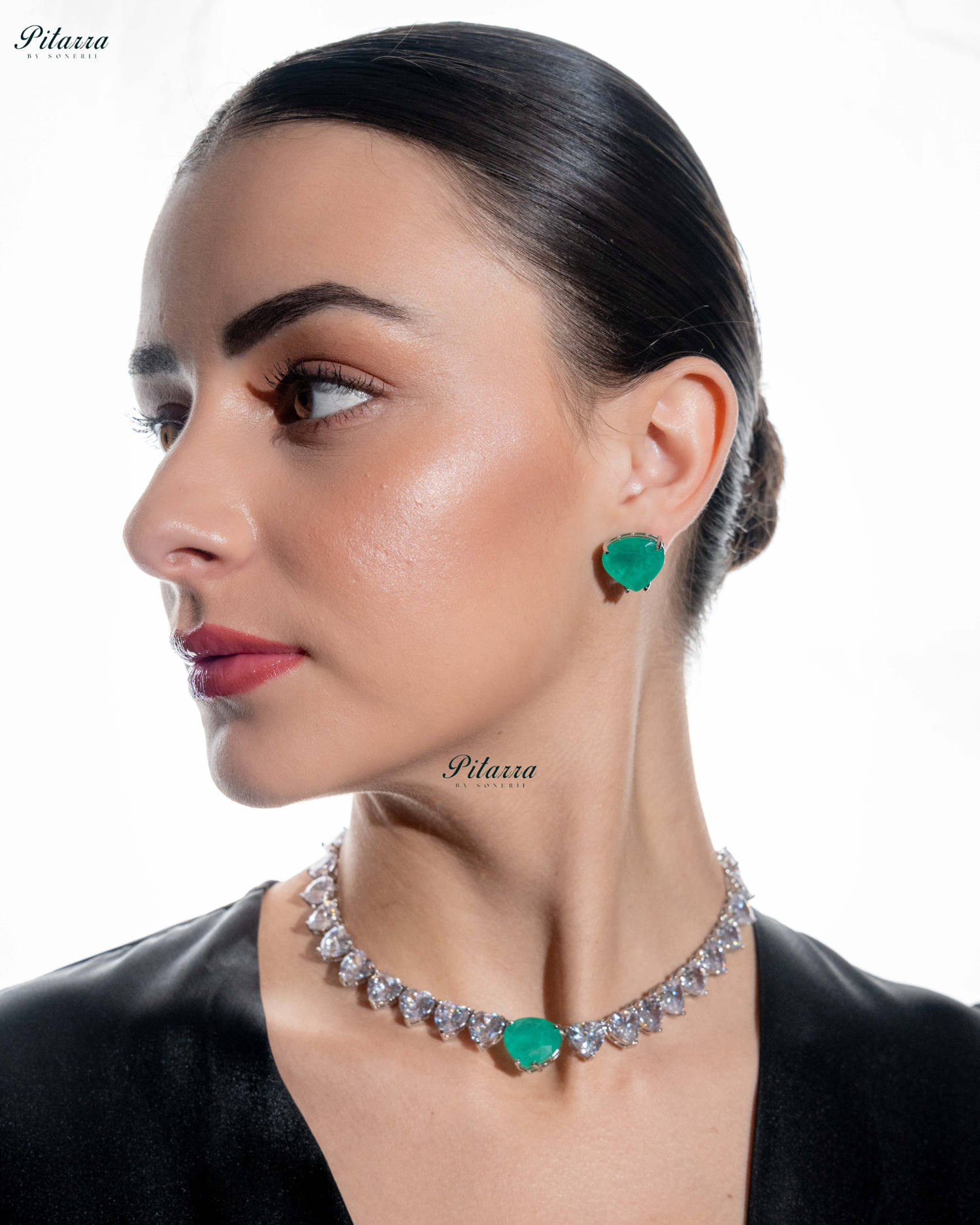 Emerald Stone Silver Finish Tone Crystal Necklace Set