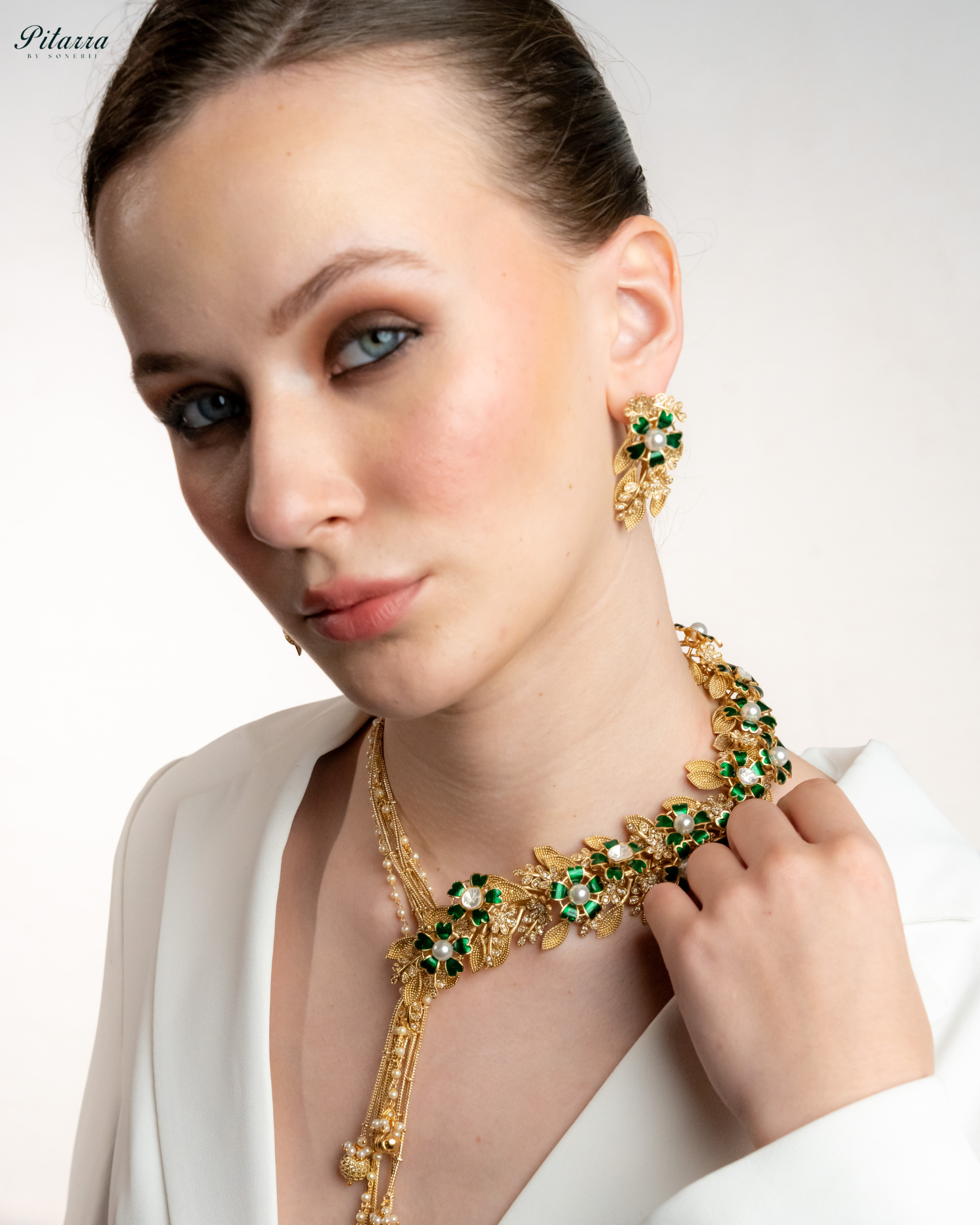 Green Leaf Polki Golden Dual Necklace Set