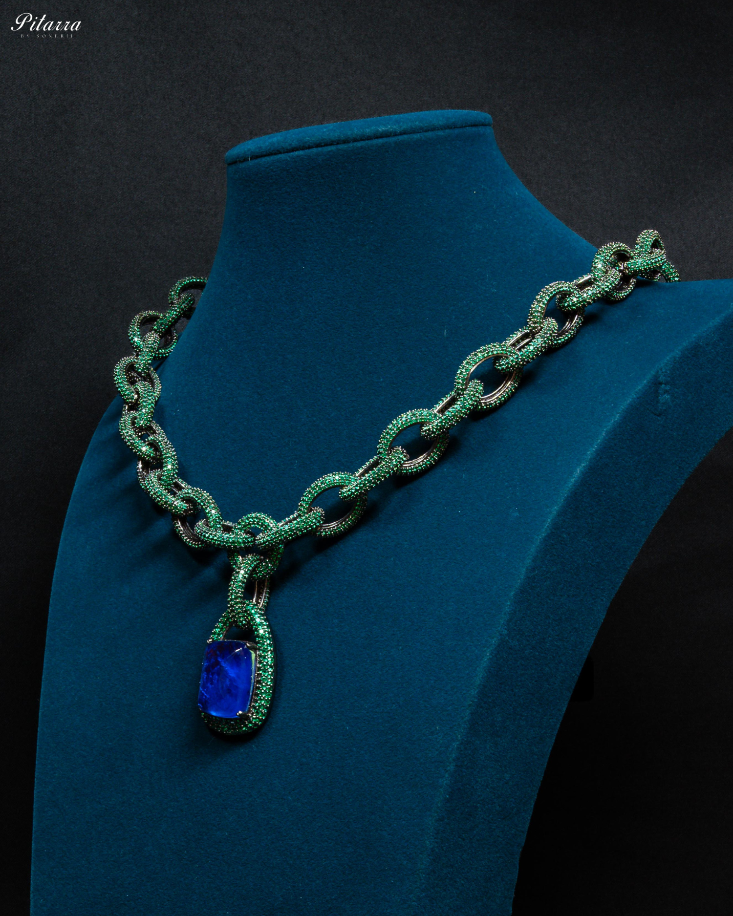 Blue Stone Green Chain CZ Necklace Set