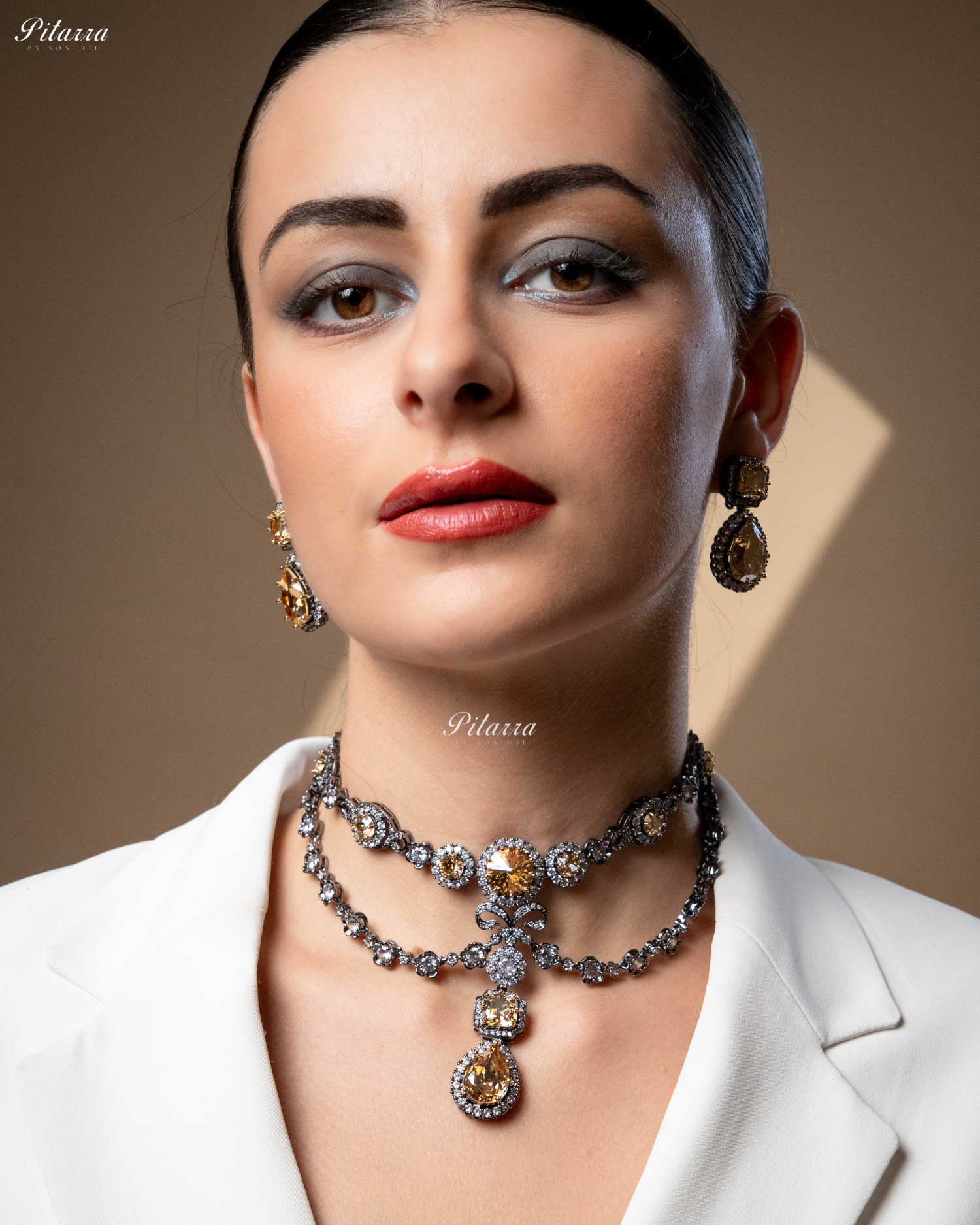 Yellow Two Layer Silver CZ Necklace Set