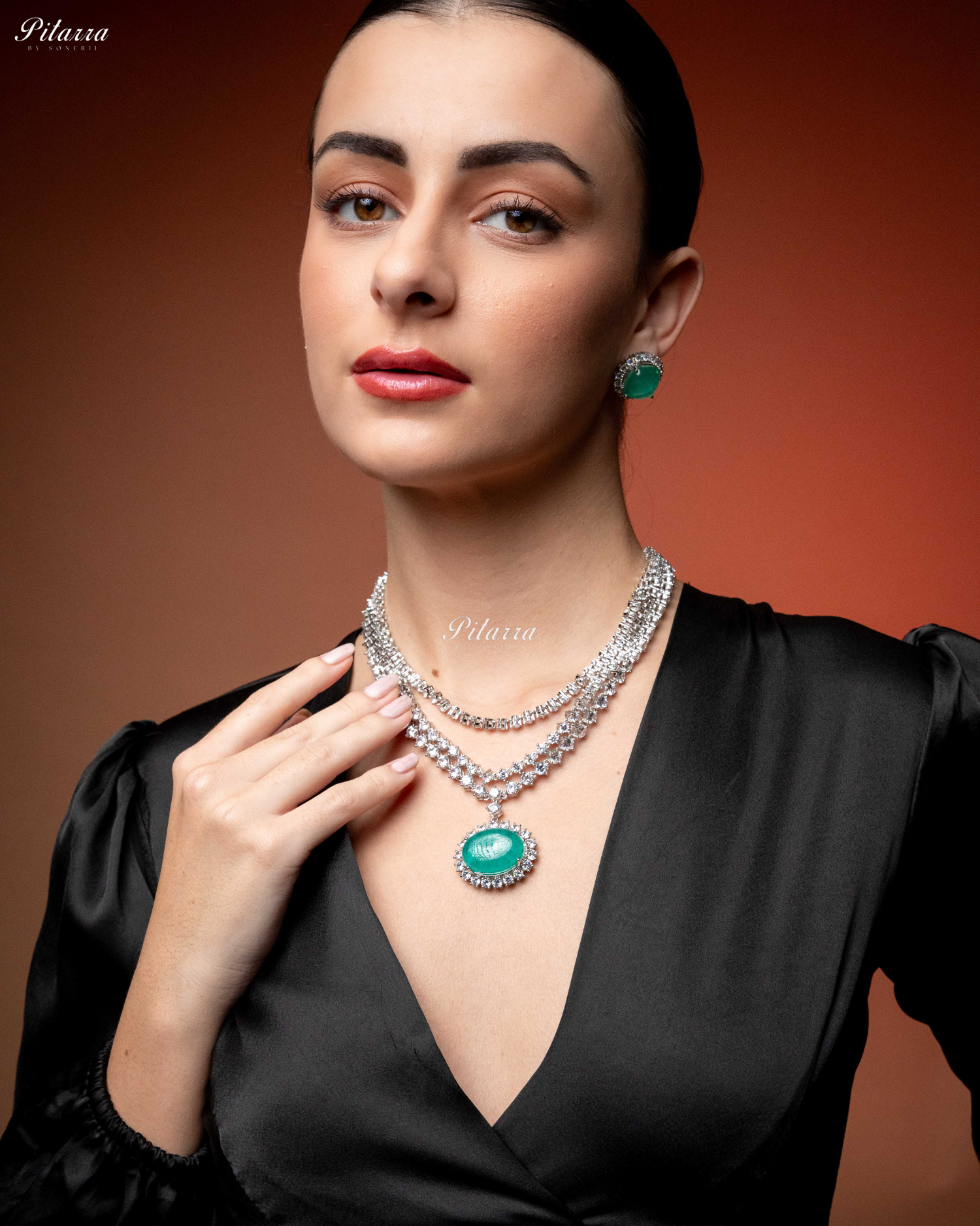 Green Stone Cubic Zirconia Silver Necklace Set