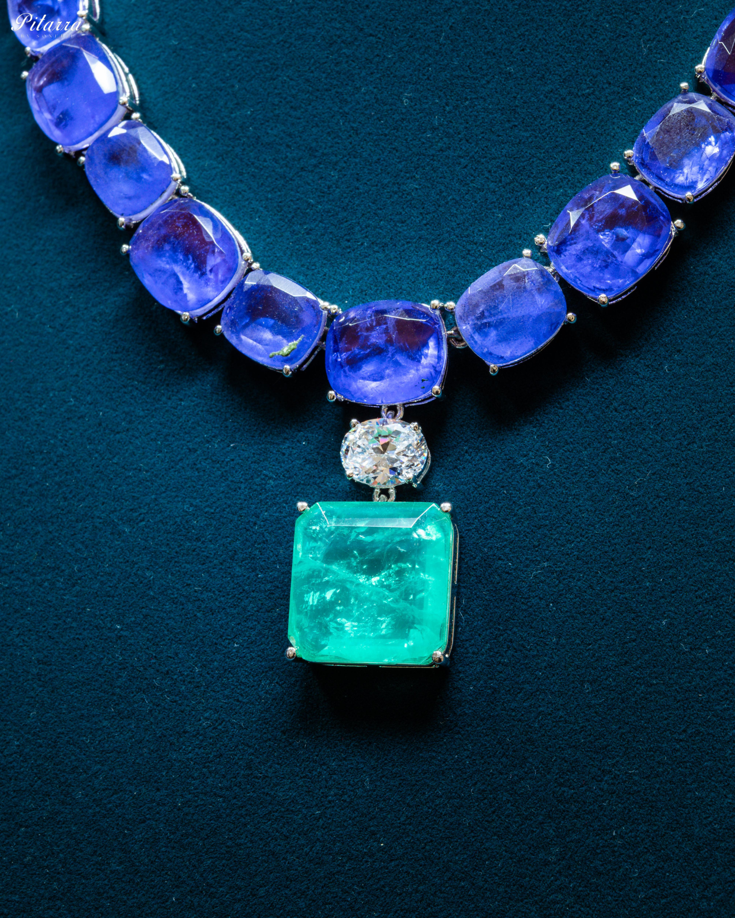 Silver Finish Green Square Crystal Necklace Set