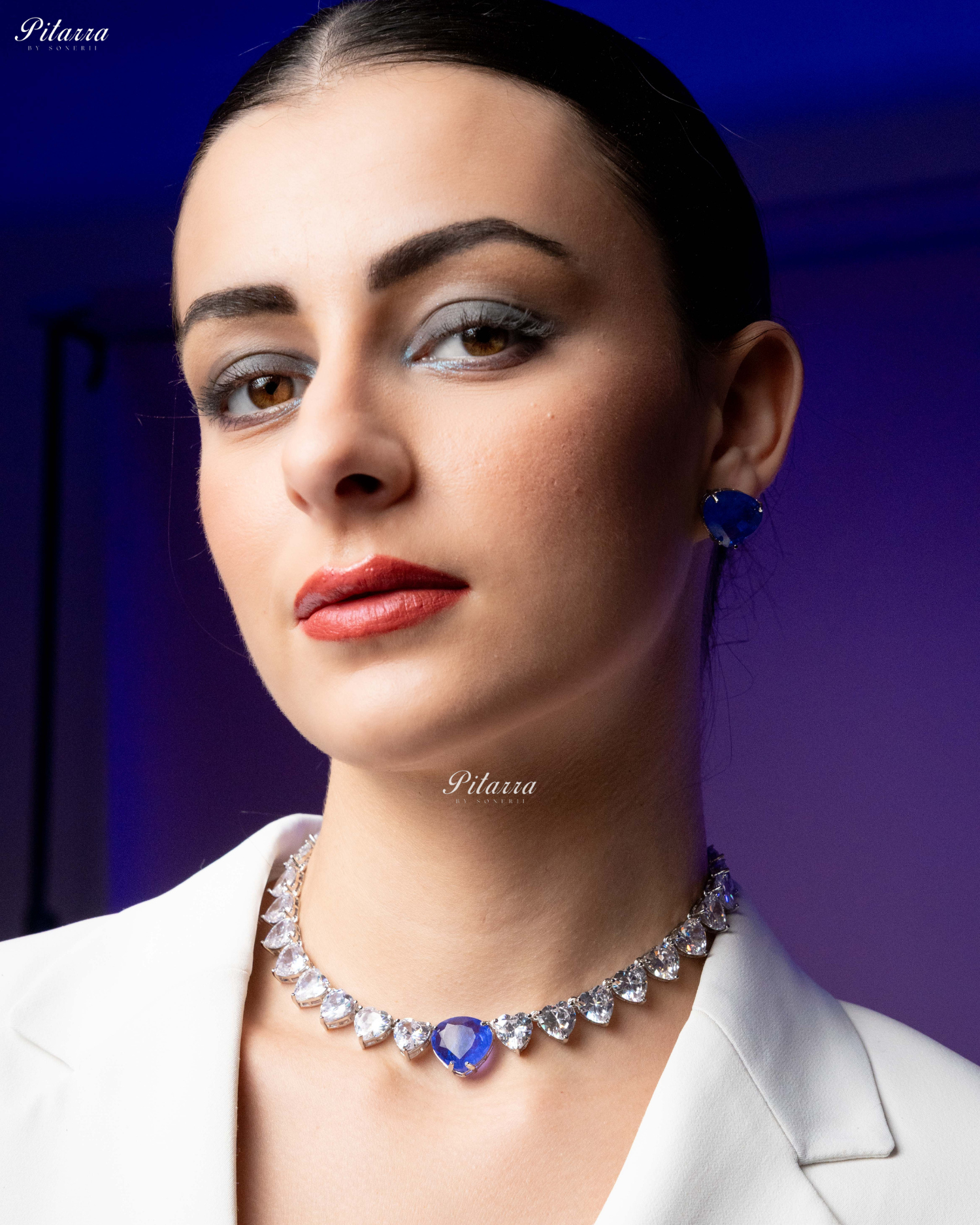 Blue Stone White Heartline Zircon Necklace Set